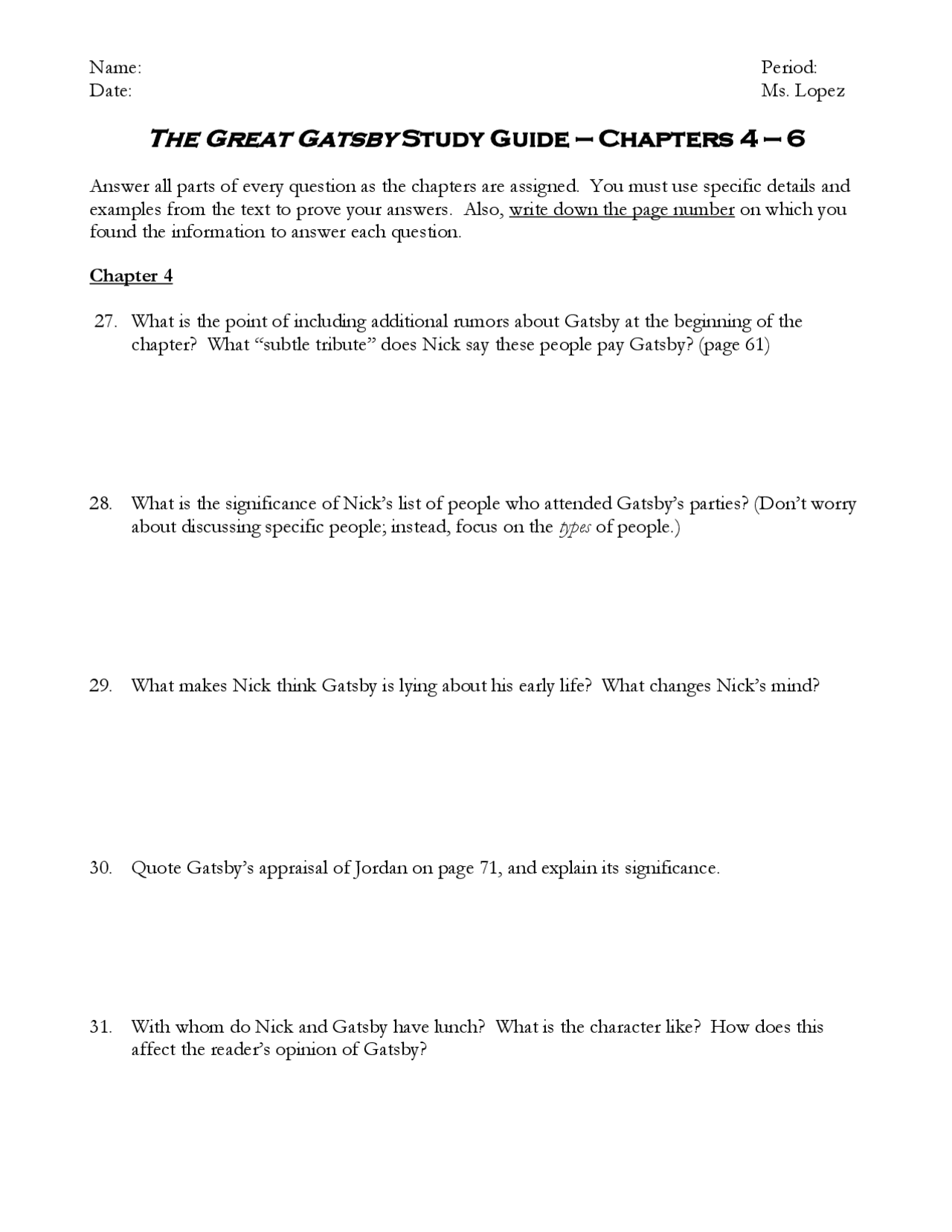 Pdf Guide Chapter Pages The Great Gatsby Study Guide — Chapters 4 — 6 | Exams English ...