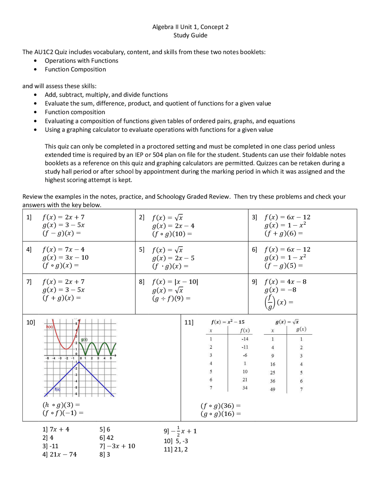 Algebra II Unit 1, Concept 2 Study Guide The AU1C2 Quiz ... | Schemes ...