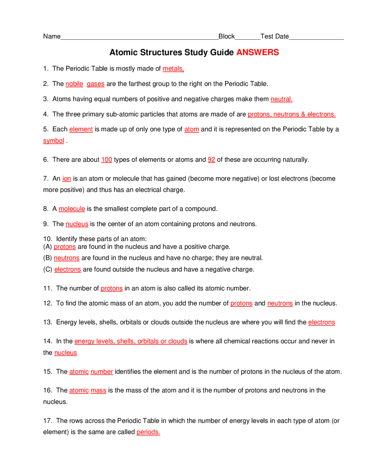 Atomic Structures Study Guide ANSWERS | Summaries Chemistry - Docsity