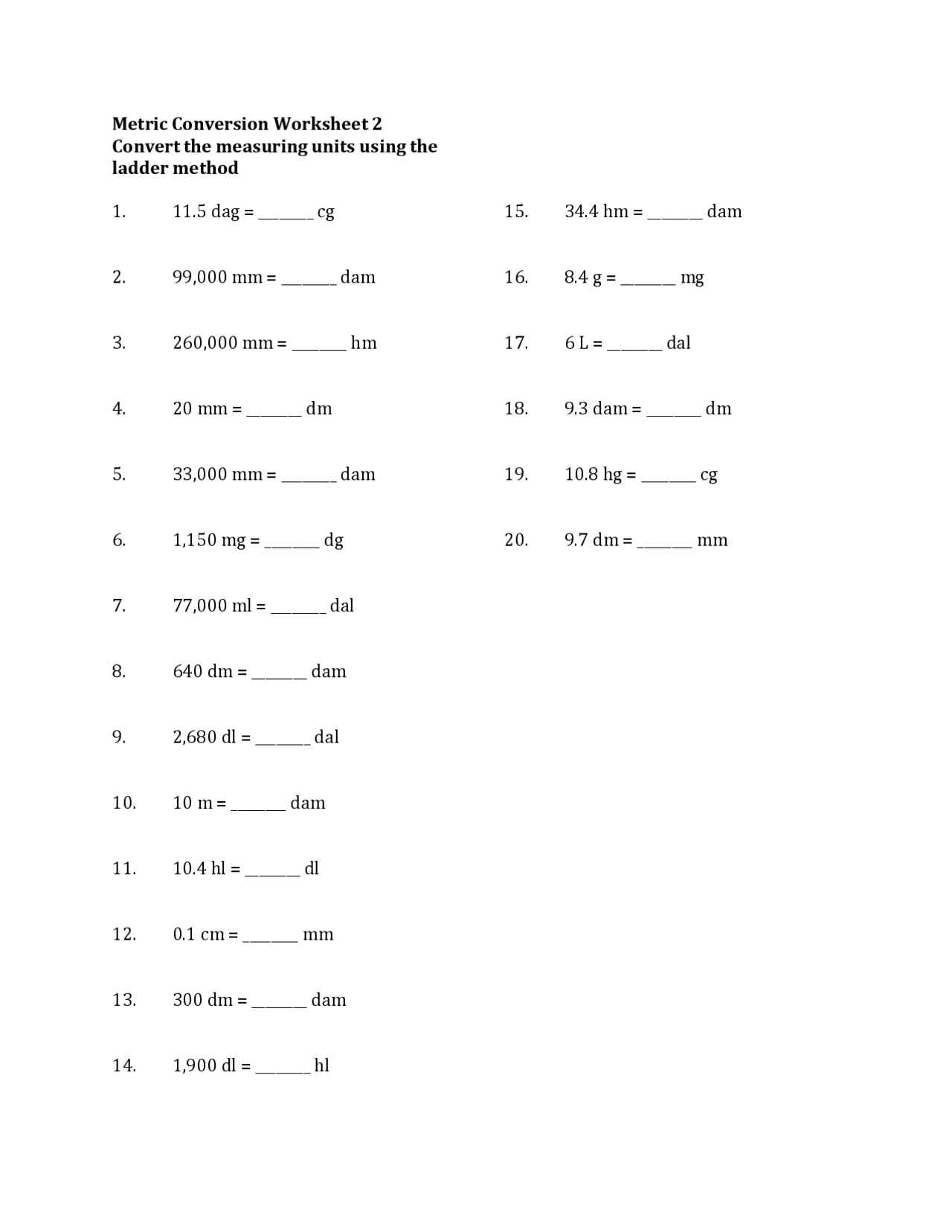 Metric Conversion Worksheet 2 | Study notes Physics | Docsity