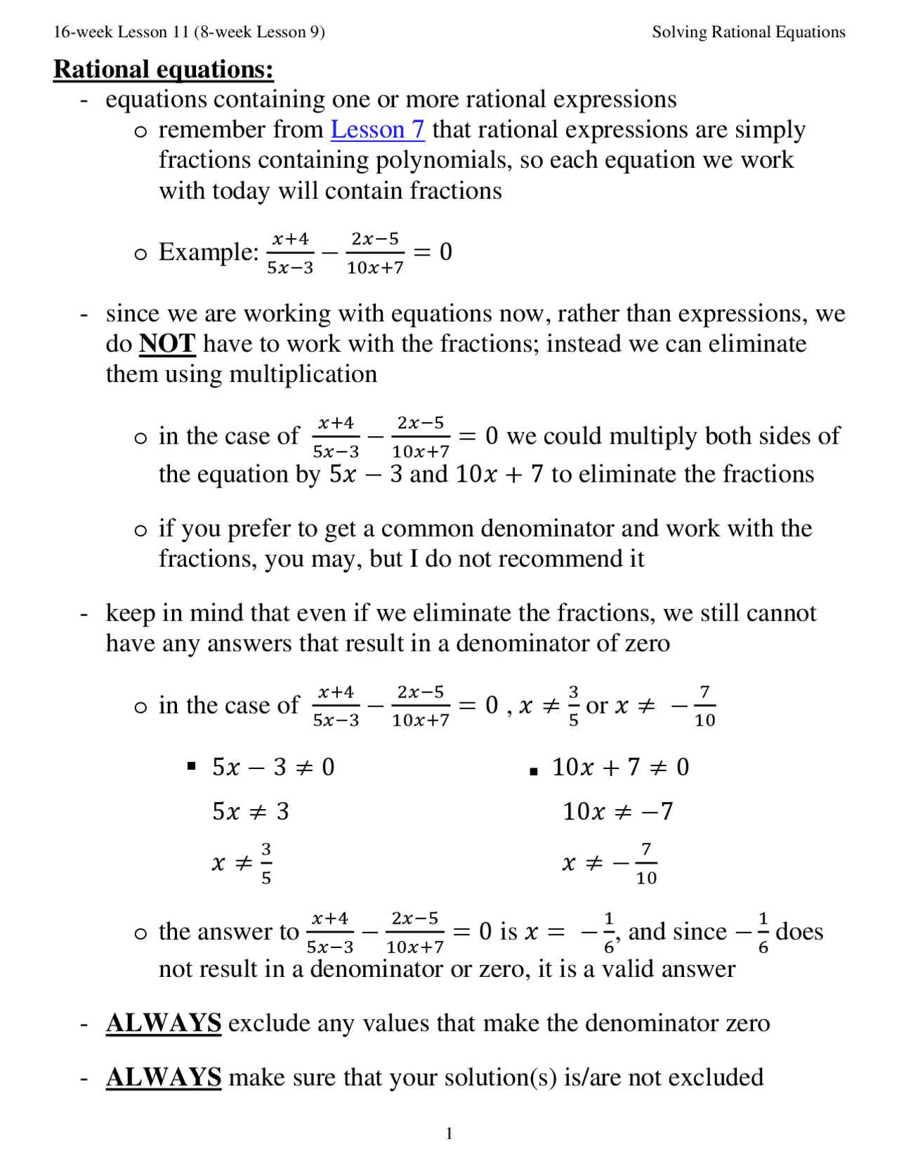 Solving Rational Equations | Lecture notes Algebra | Docsity