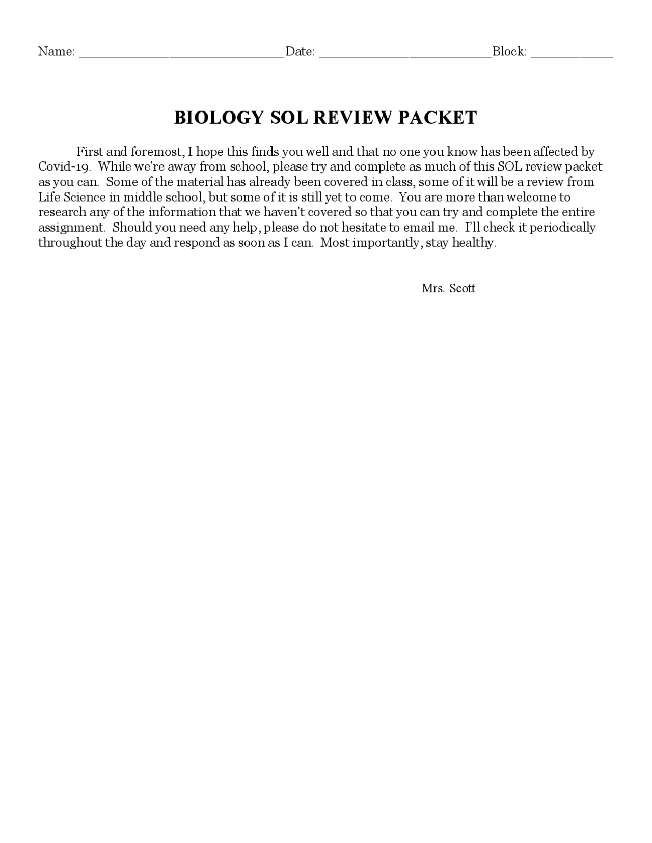 BIOLOGY SOL REVIEW PACKET Exercises Biology Docsity