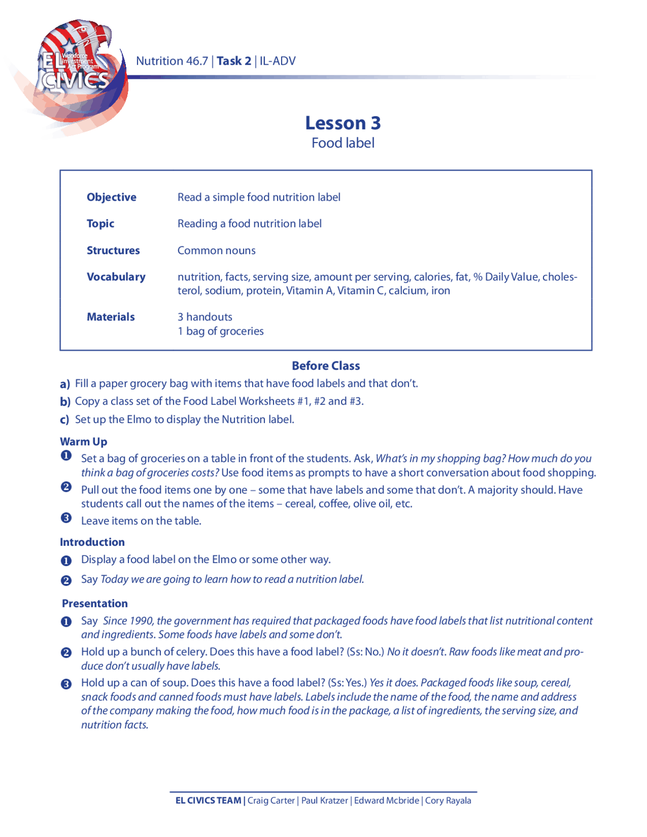 EL CIVICS Lecture Notes Nutrition Docsity