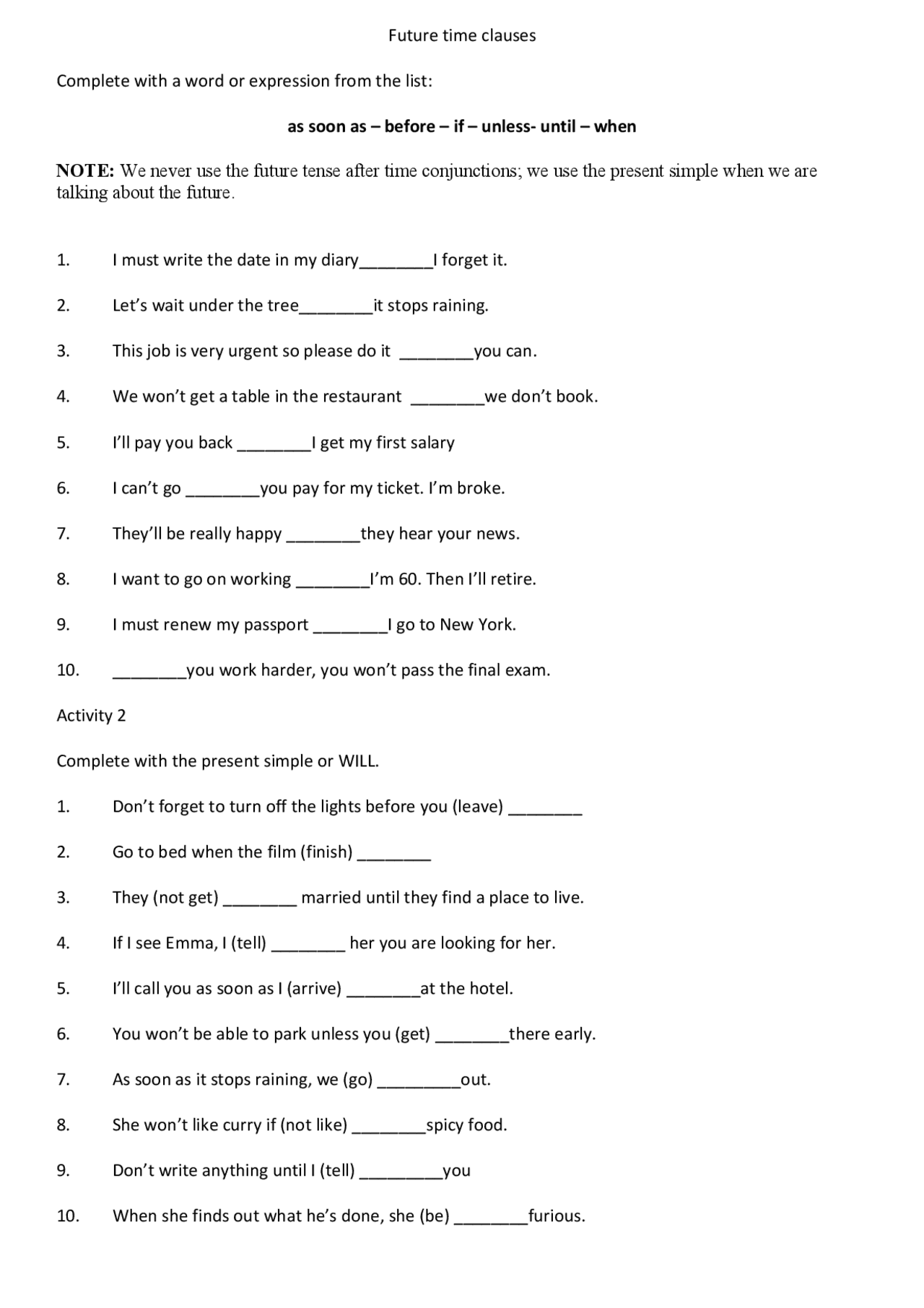 Future time clauses 2020 Summaries Grammar and Composition Docsity