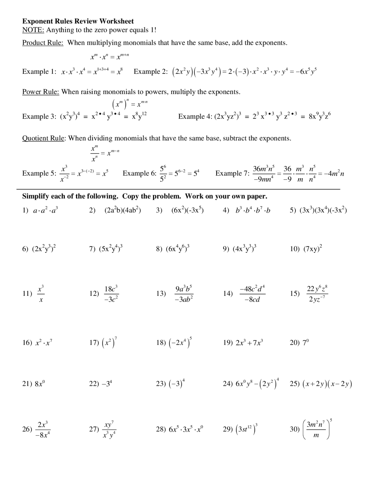 Exponents Problem Example Pre Calculus Exponent Rules Review Worksheet | Lecture notes Pre-Calculus | Docsity