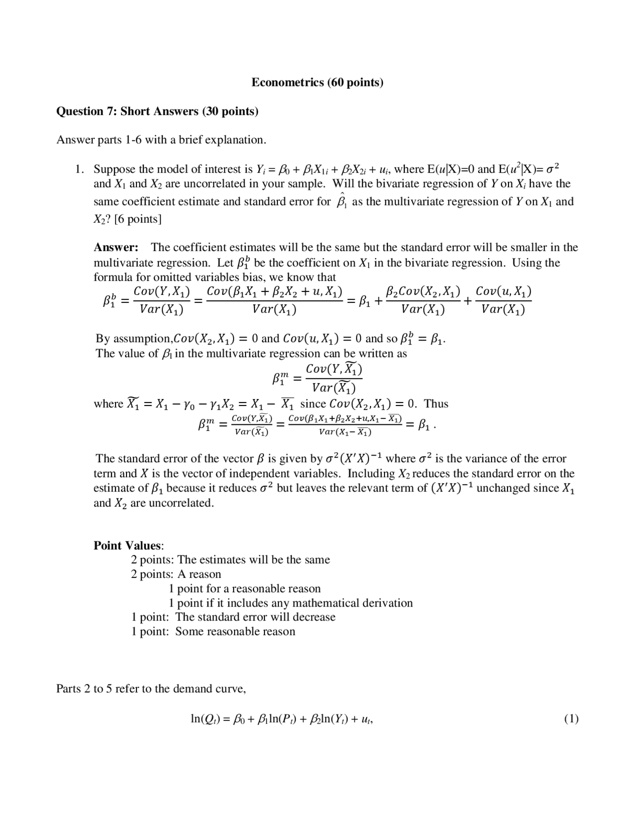 Econometrics (60 points) Question 7: Short Answers (30 ... | Lecture ...