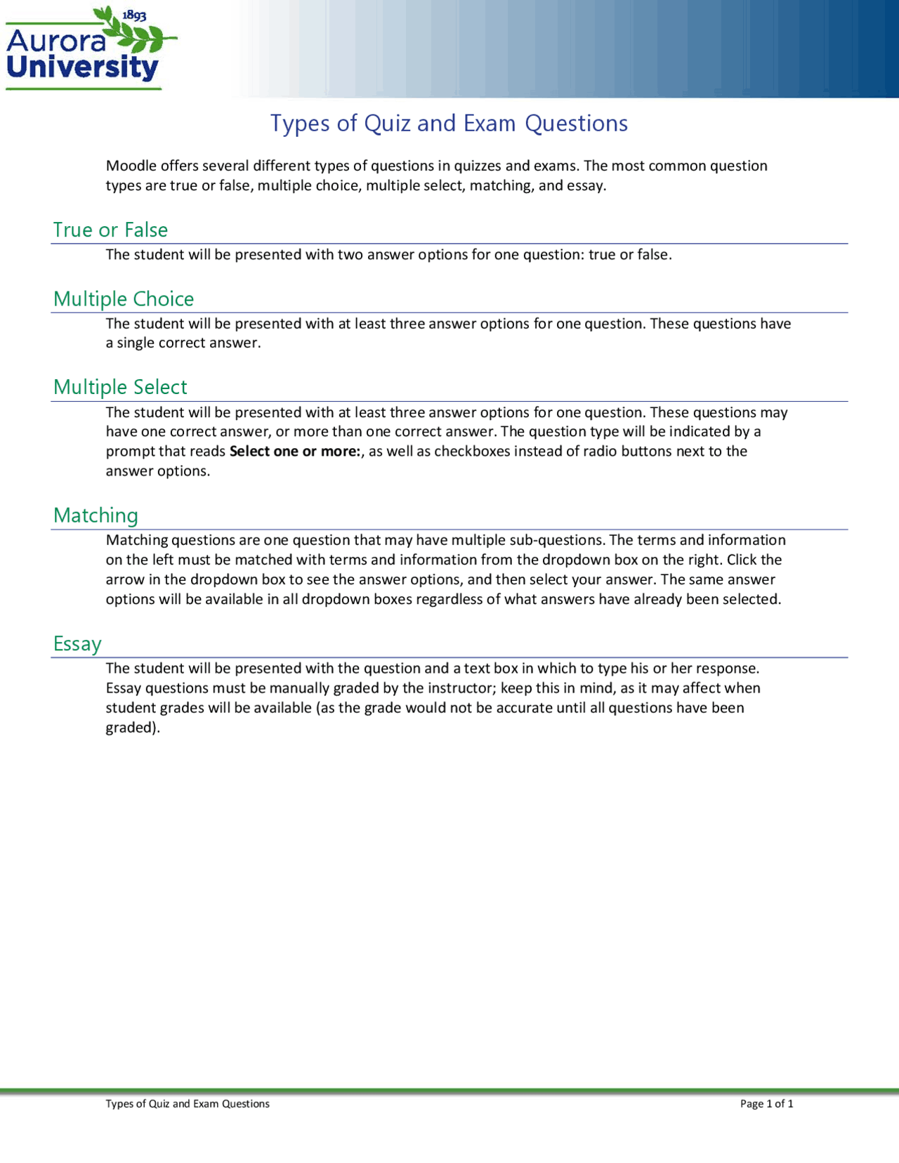 Types of Quiz and Exam Questions Lecture notes English Literature