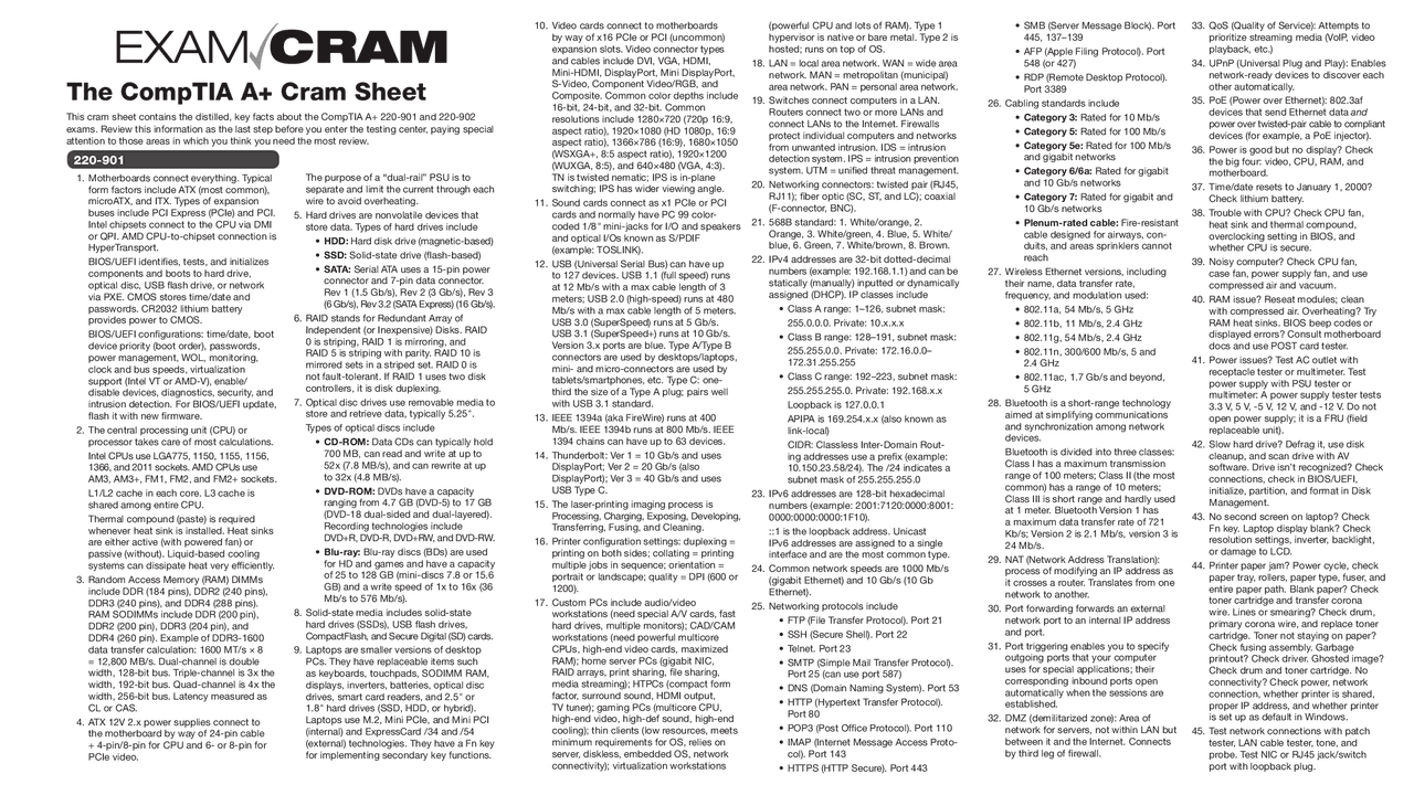 The CompTIA A+ Cram Sheet | Lecture notes Printing | Docsity