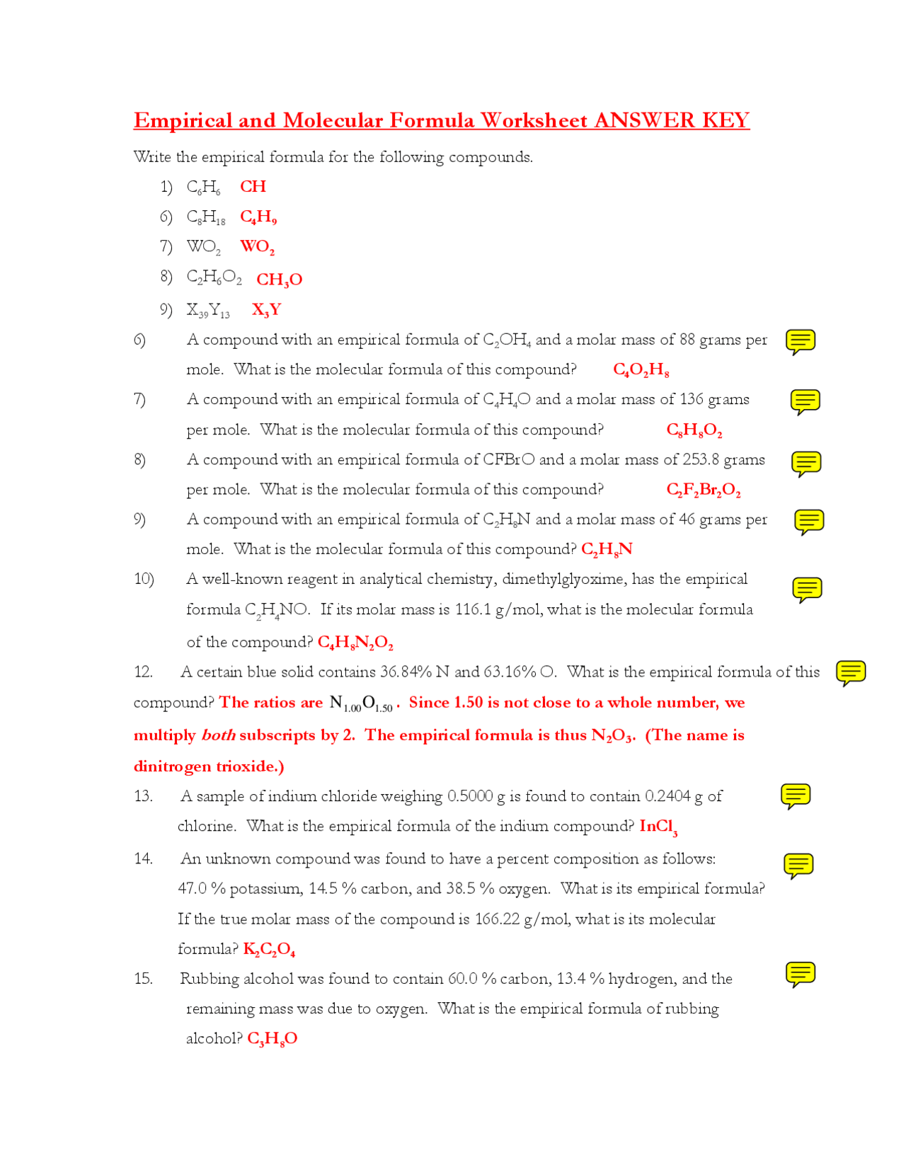 Empirical and Molecular Formula Worksheet ANSWER KEY | Study notes  Analytical Chemistry | Docsity
