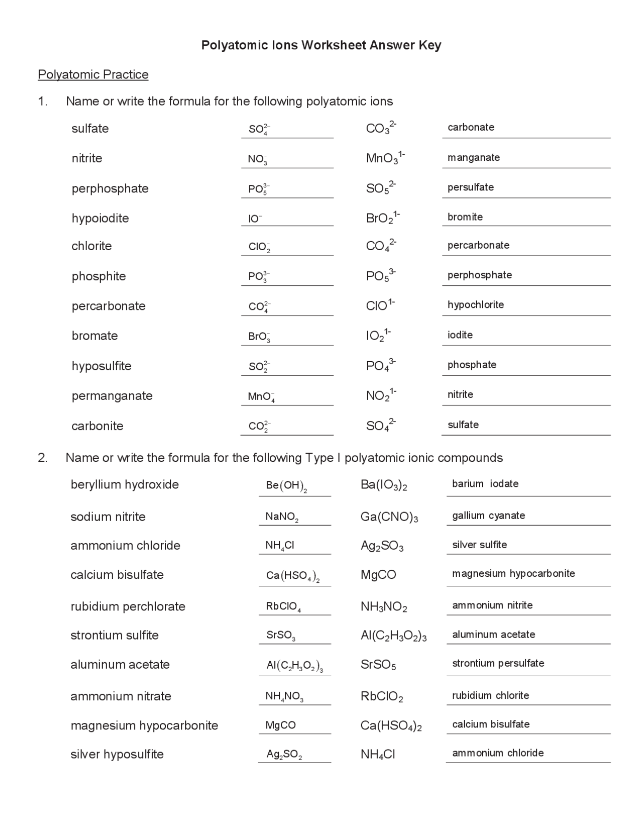 Polyatomic Ions Worksheet Answer Key Polyatomic Practice | Exams Chemistry  | Docsity