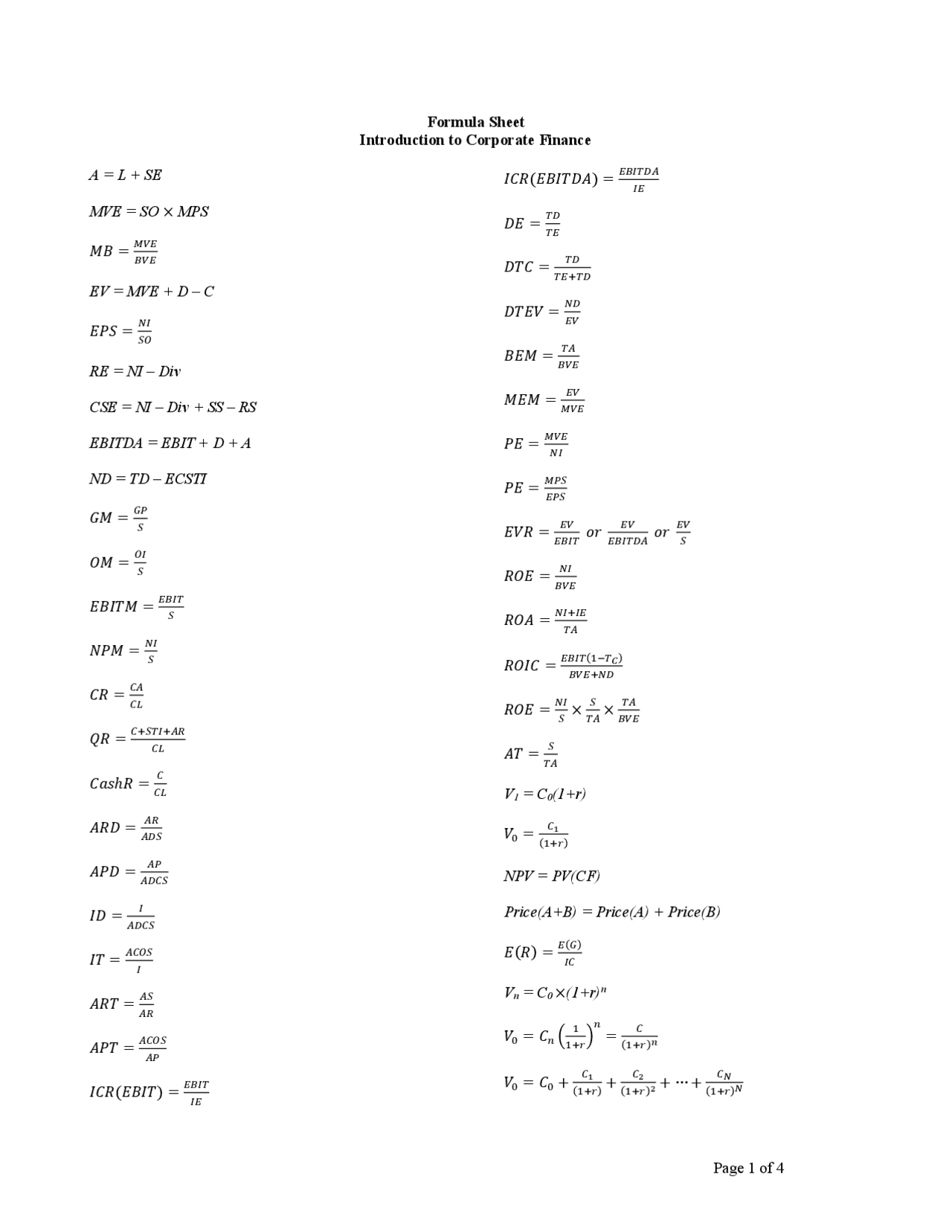 Formula Sheet Lecture Notes Corporate Finance Docsity
