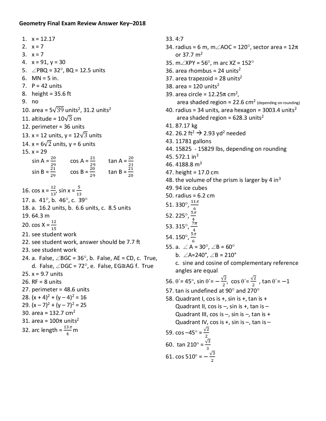 Geometry Final Exam Review Answer Key 2018 Exercises Geometry Docsity Geometry final exam review answer key 2018 exercises geometry docsity