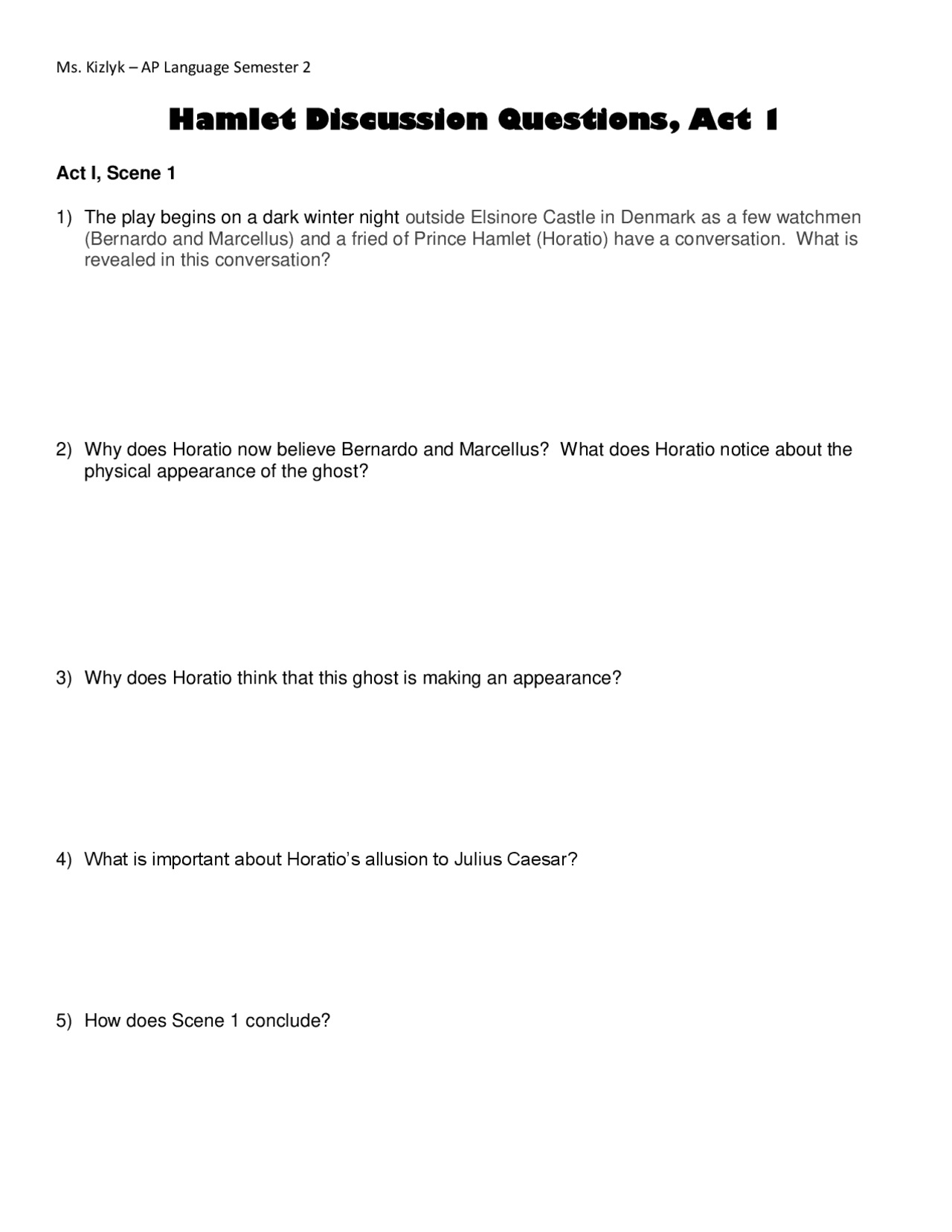 Hamlet Discussion Questions, Act 1 | Schemes and Mind Maps Acting | Docsity