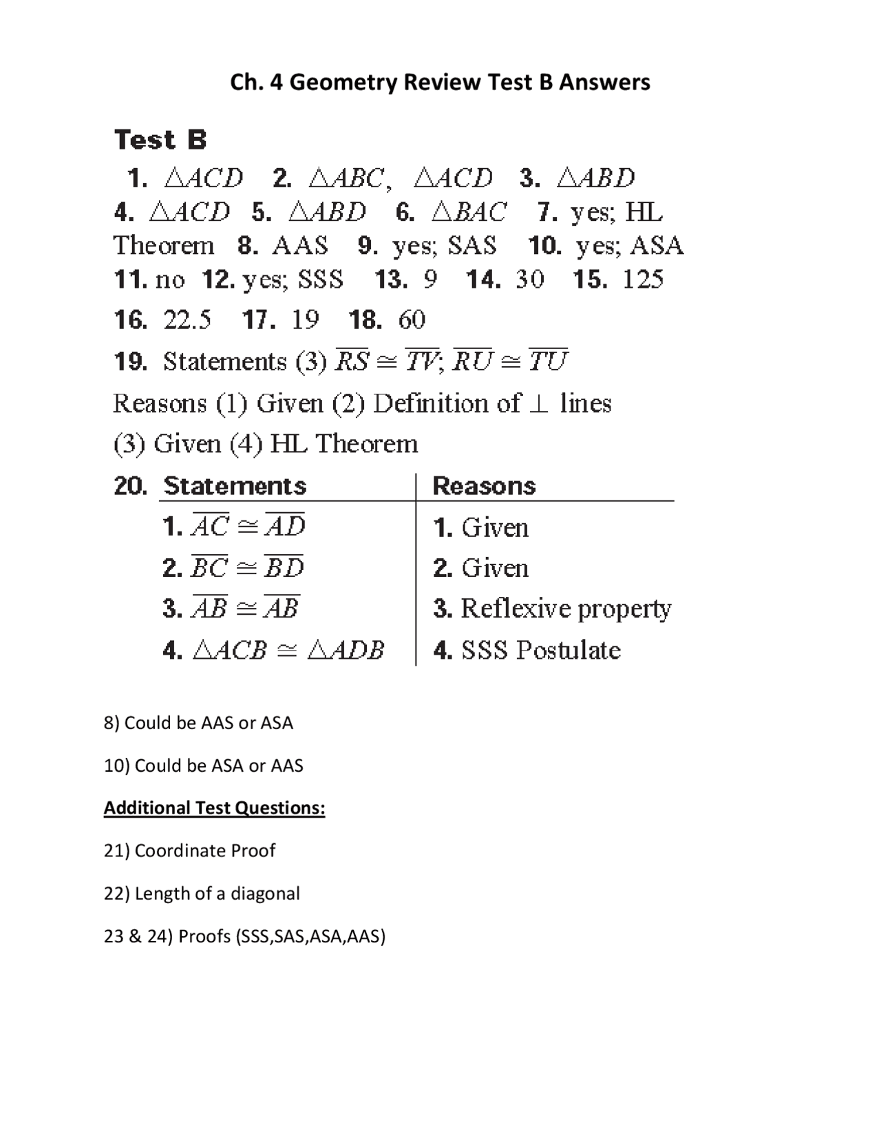 Ch. 4 Geometry Review Test B Answers | Study notes Geometry | Docsity