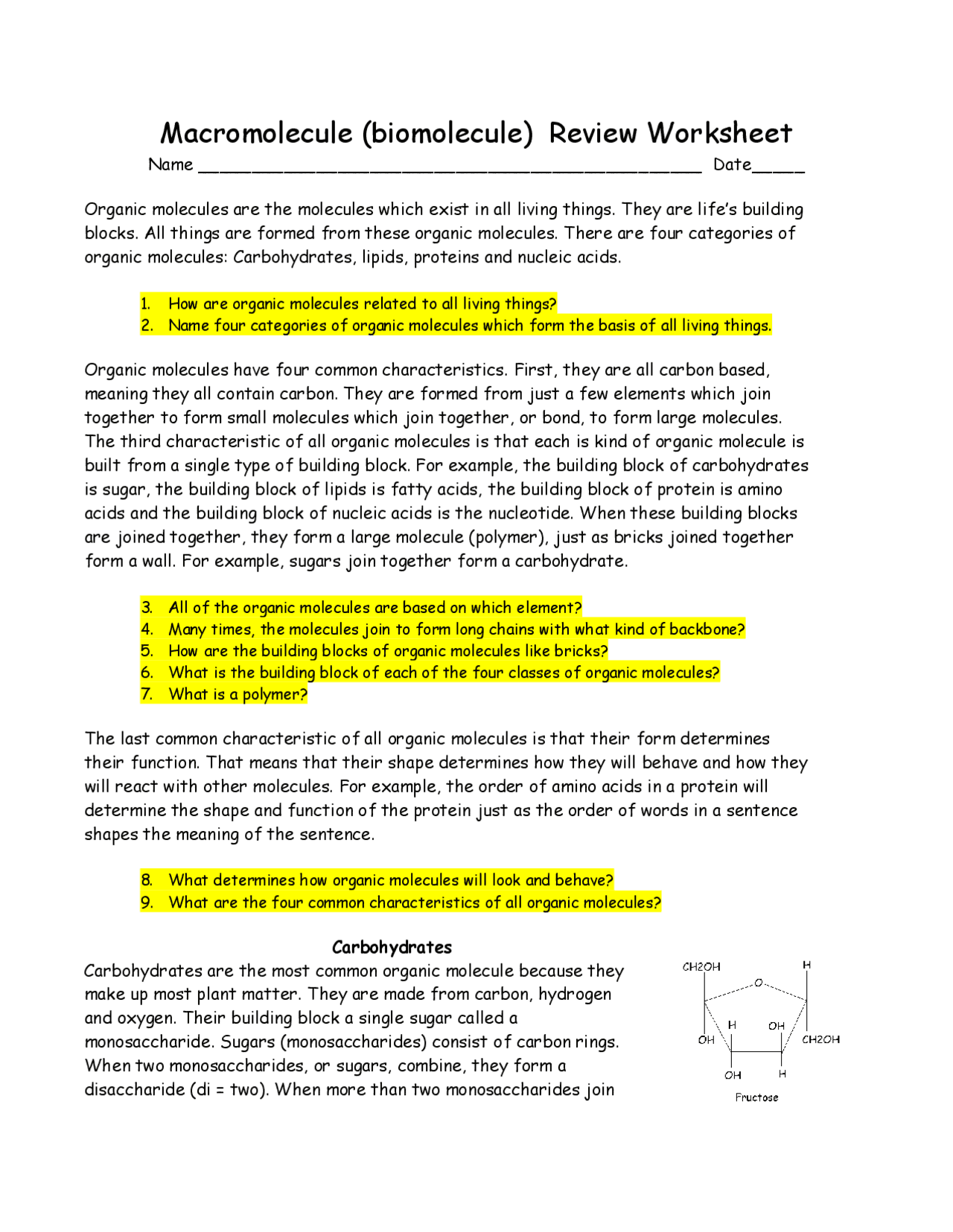 Macromolecule (biomolecule) Review Worksheet | Study notes Molecular  biology | Docsity