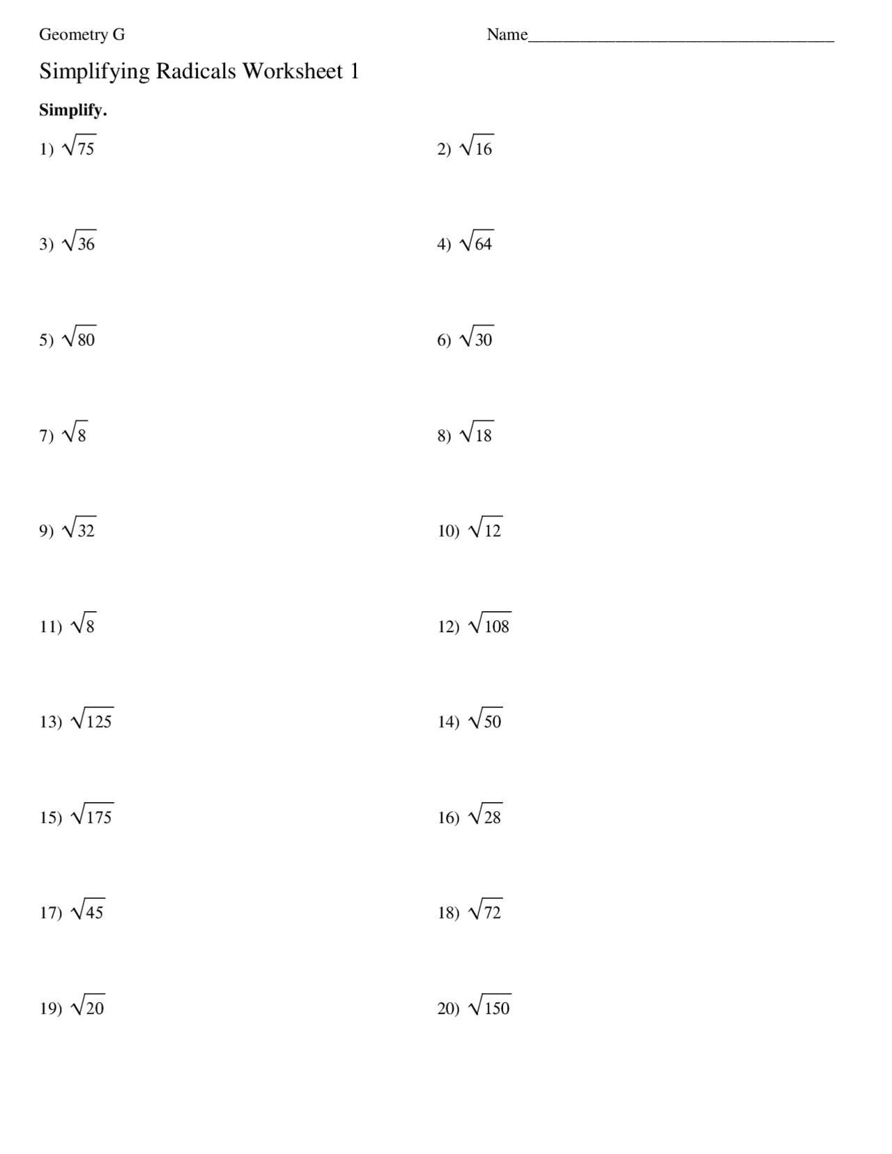 Simplifying Radicals Worksheet 1 | Study notes Geometry | Docsity