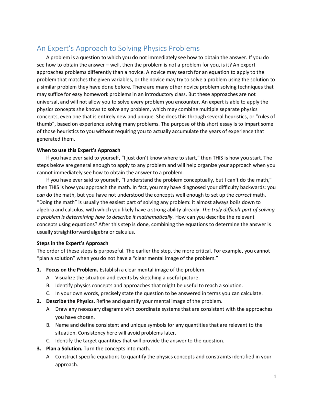 Physics Rationale An Expert's Approach to Solving Physics Problems | Slides Physics | Docsity