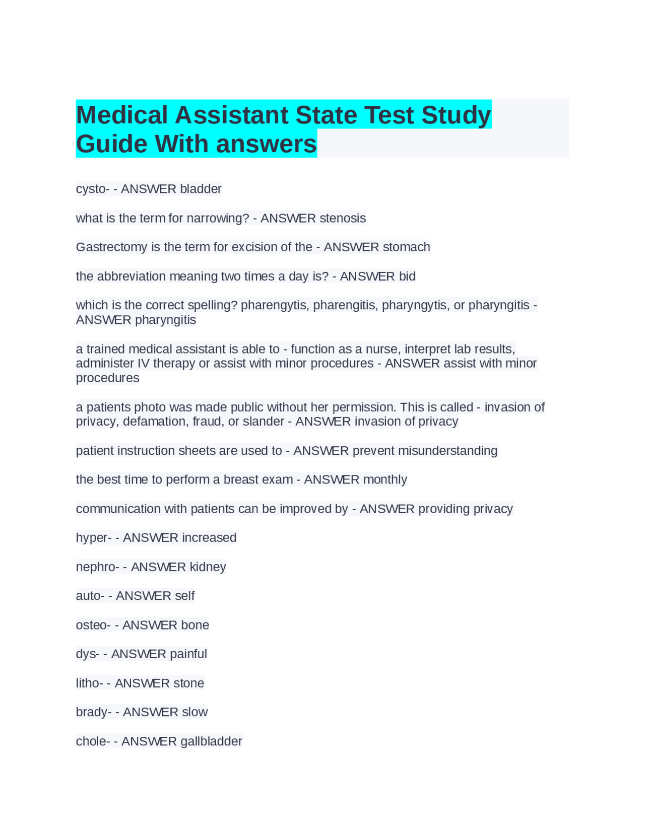 Medical Assistant State Test Study Guide With answers | Exams Nursing ...