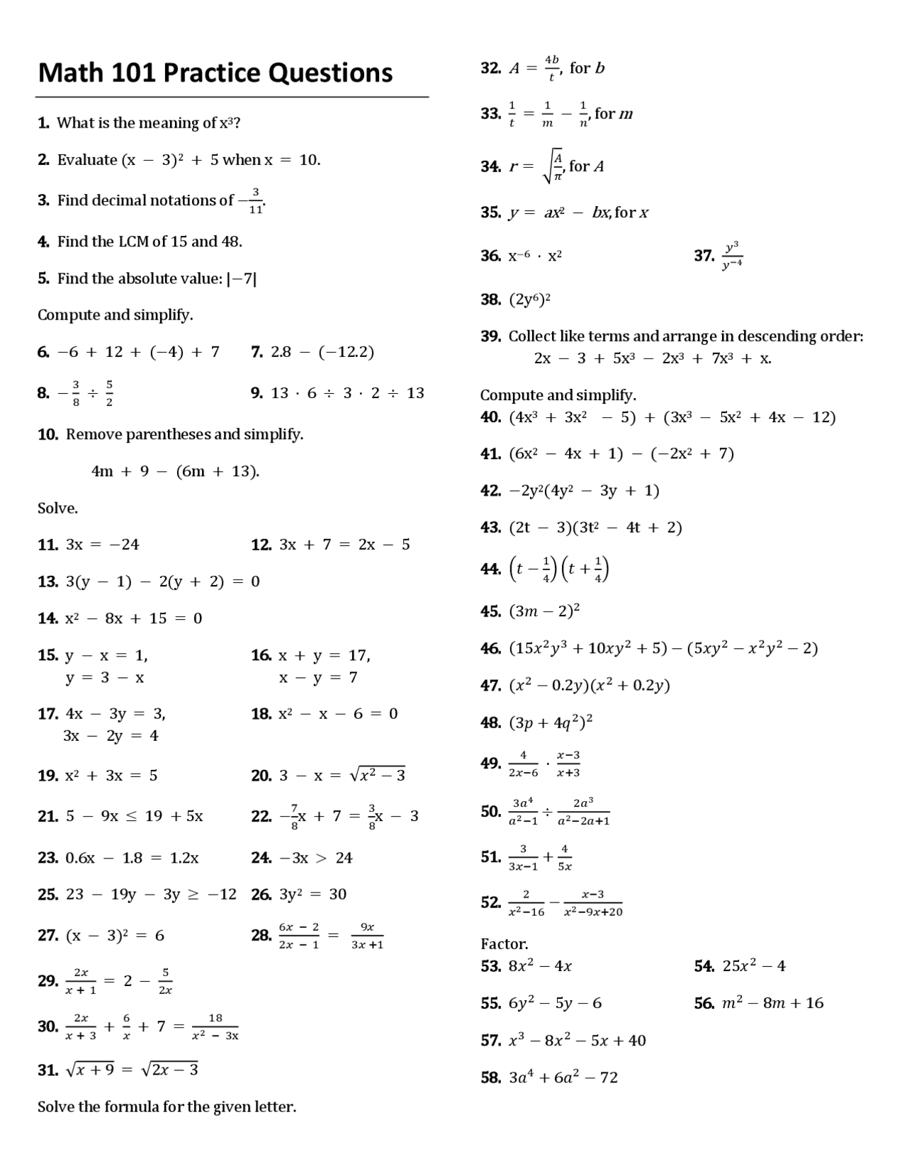 Math 101 Practice Questions | Exams Calculus | Docsity