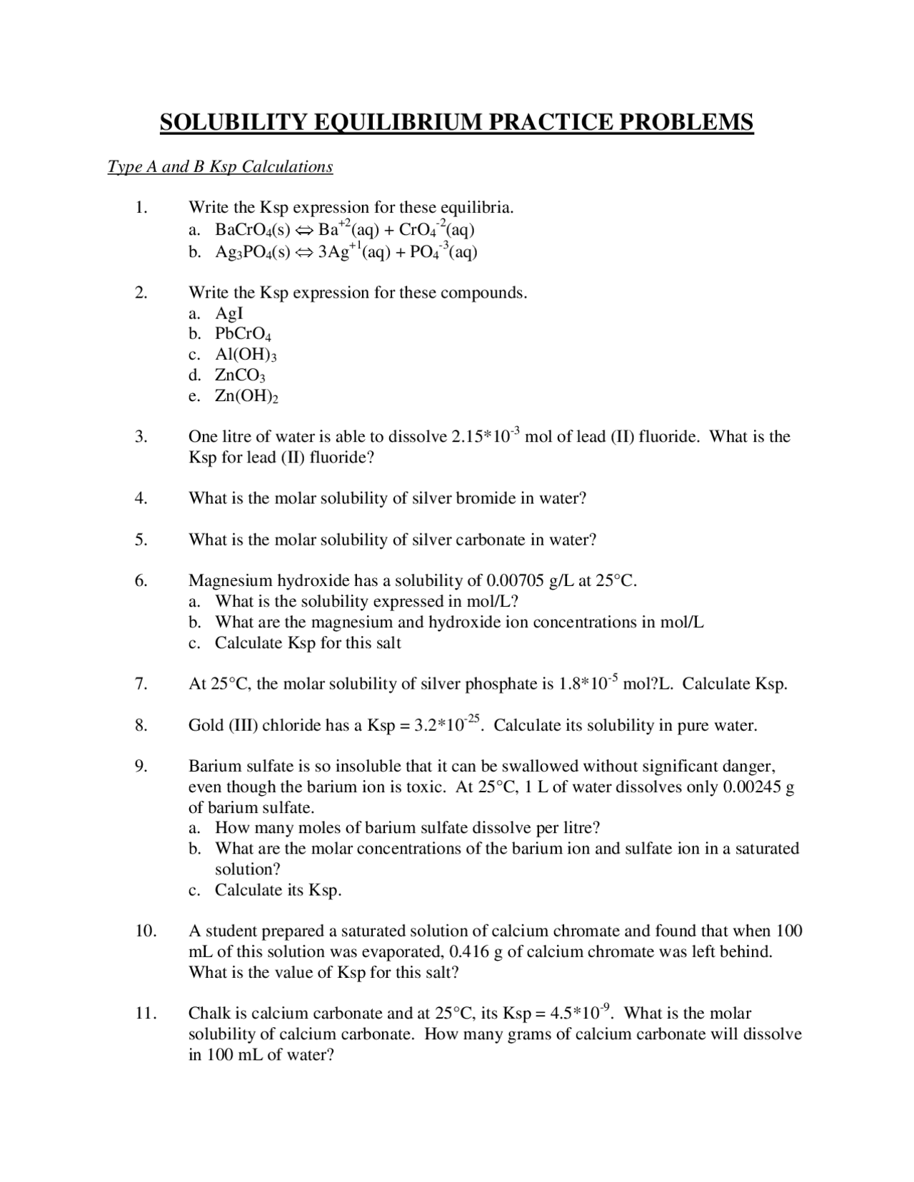 Solubility Equilibrium Practice Problems Study Notes Chemical Solubility Equilibrium Practice Problems Study Notes Chemical