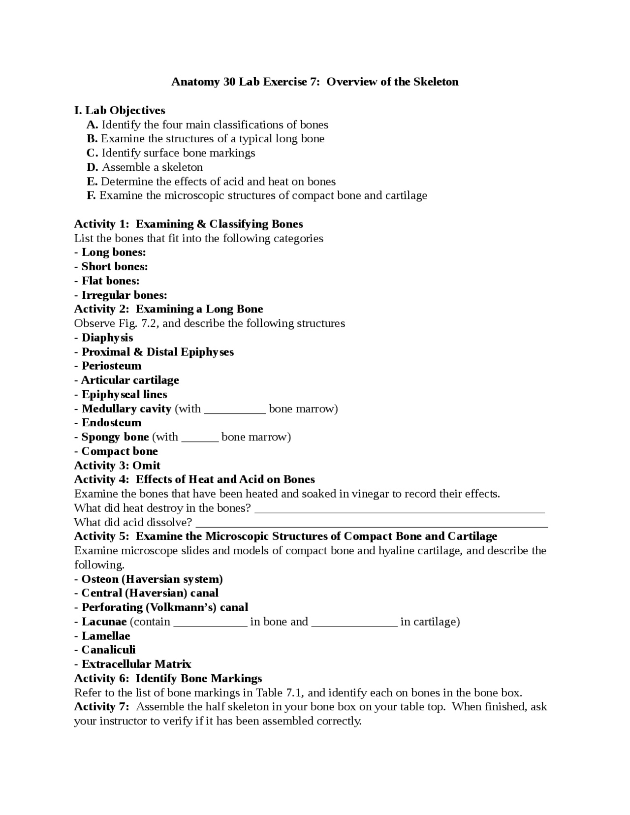 Anatomy 30 Lab Exercise 7: Overview of the Skeleton | Study notes ...