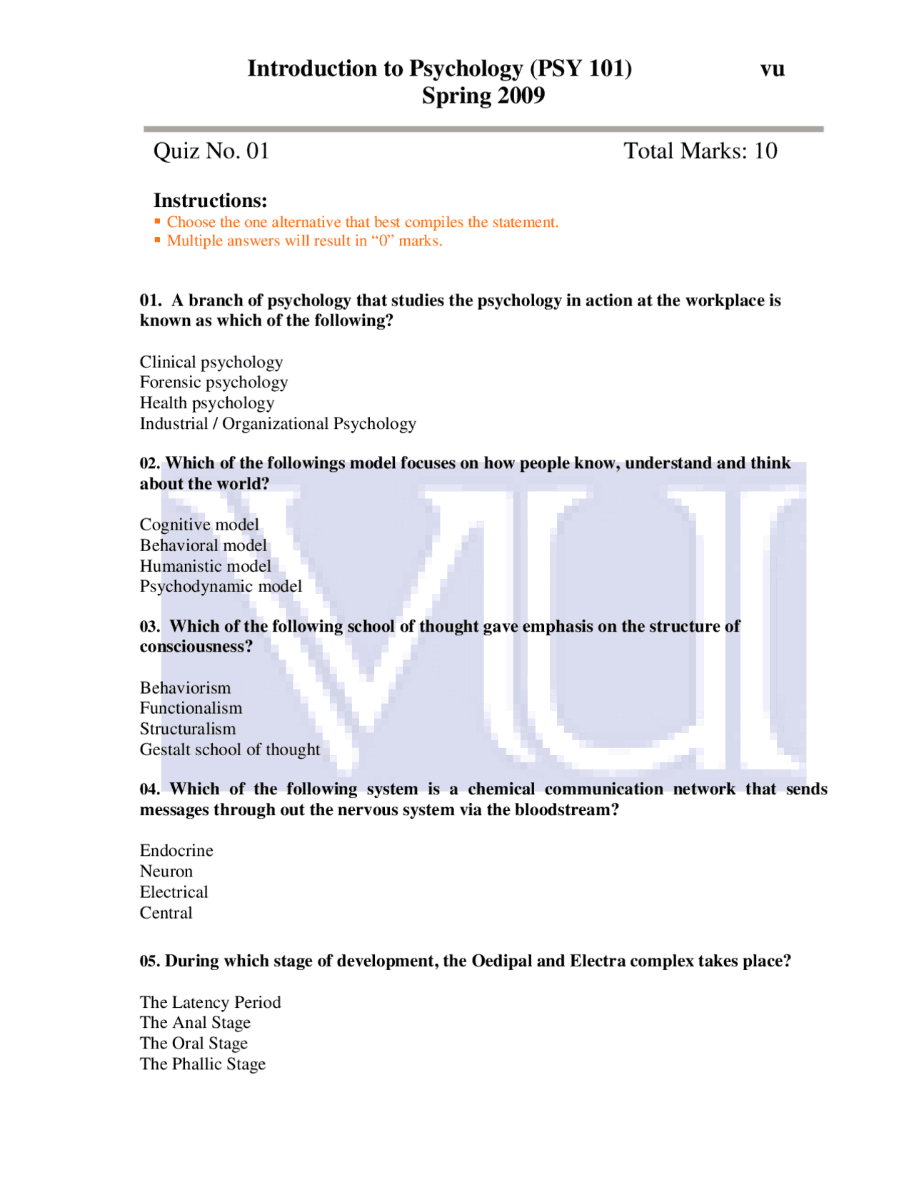 Introduction To Psychology Psy 101 Vu Spring 2009 Quiz No Study Introduction To Psychology Psy 101 Vu Spring 2009 Quiz No Study