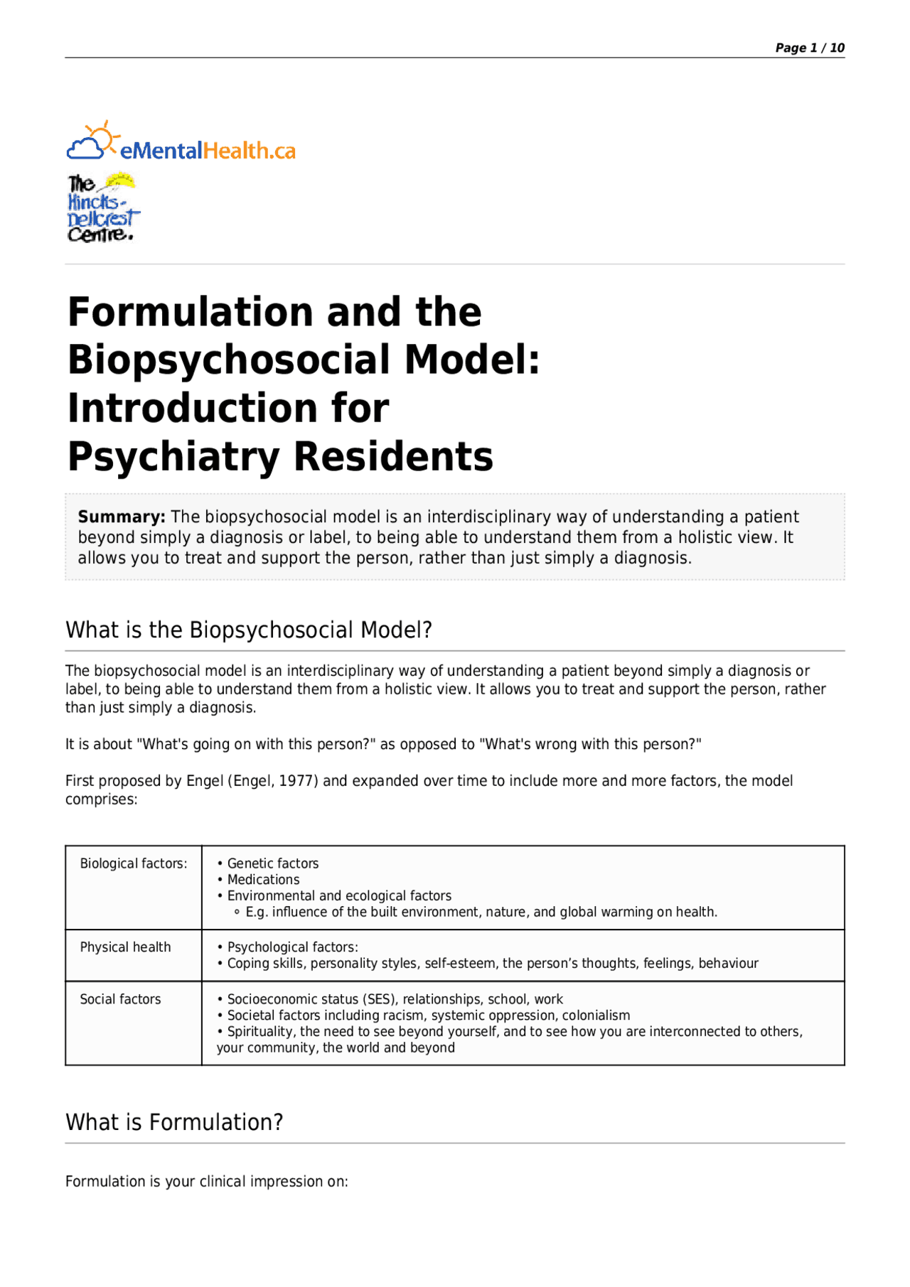 Formulation and the Biopsychosocial Model: Introduction for ...