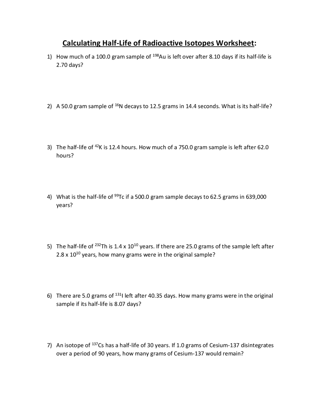 Calculating Half-Life of Radioactive Isotopes Worksheet: | Exercises  Chemistry | Docsity