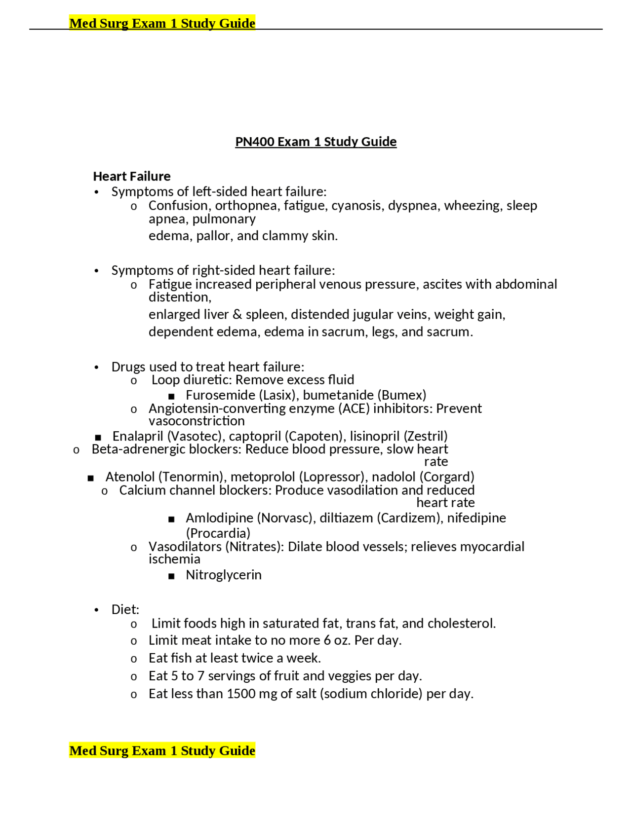 Med Surg Exam 1 Study Guide | Exams Nursing | Docsity