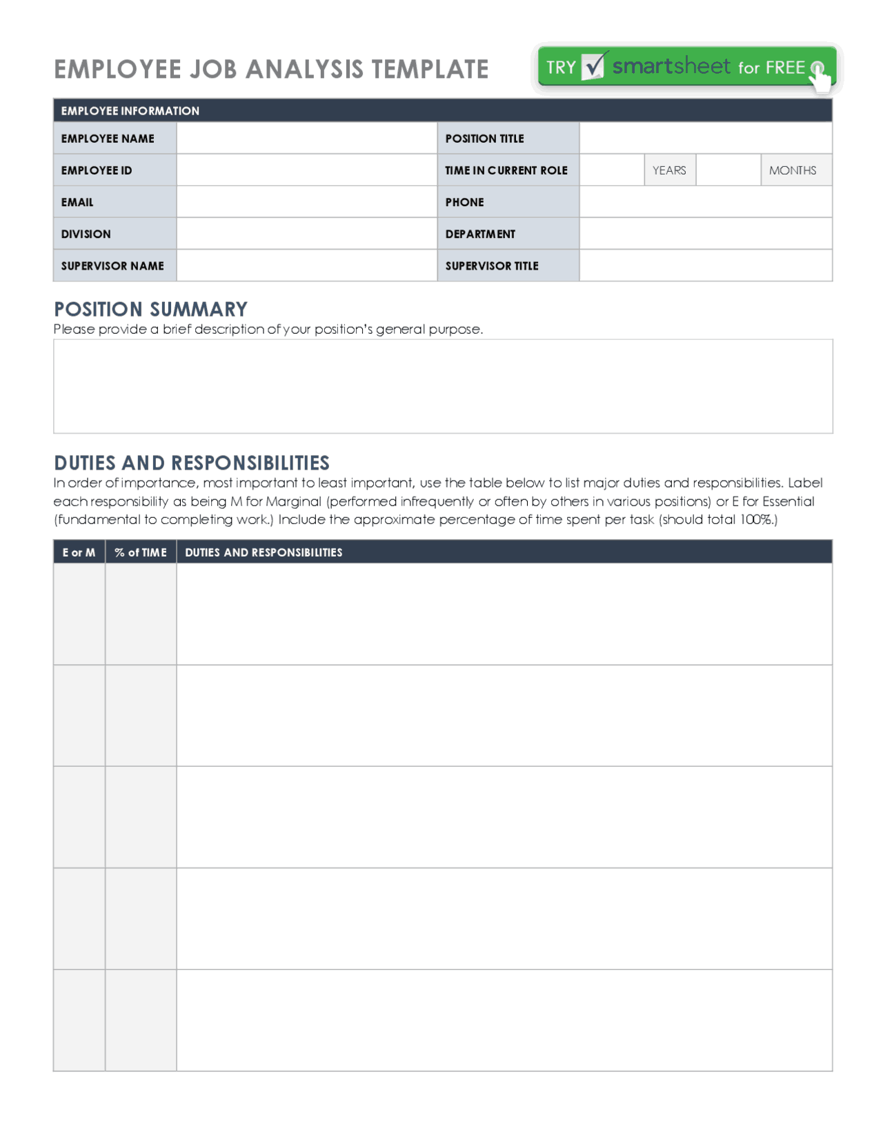 EMPLOYEE JOB ANALYSIS TEMPLATE | Lecture notes Communication | Docsity
