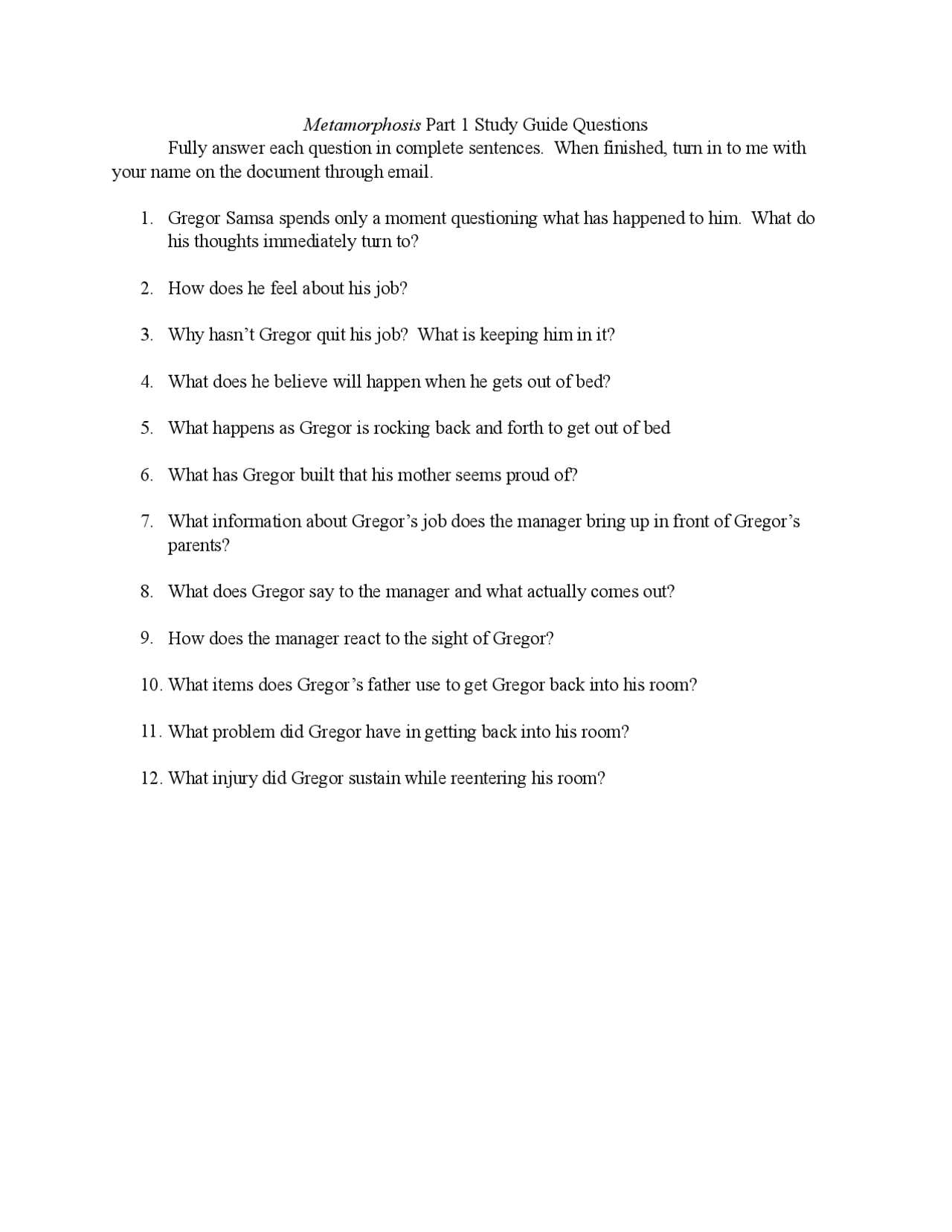 Metamorphosis part 1 study guide questions Study notes Biological
