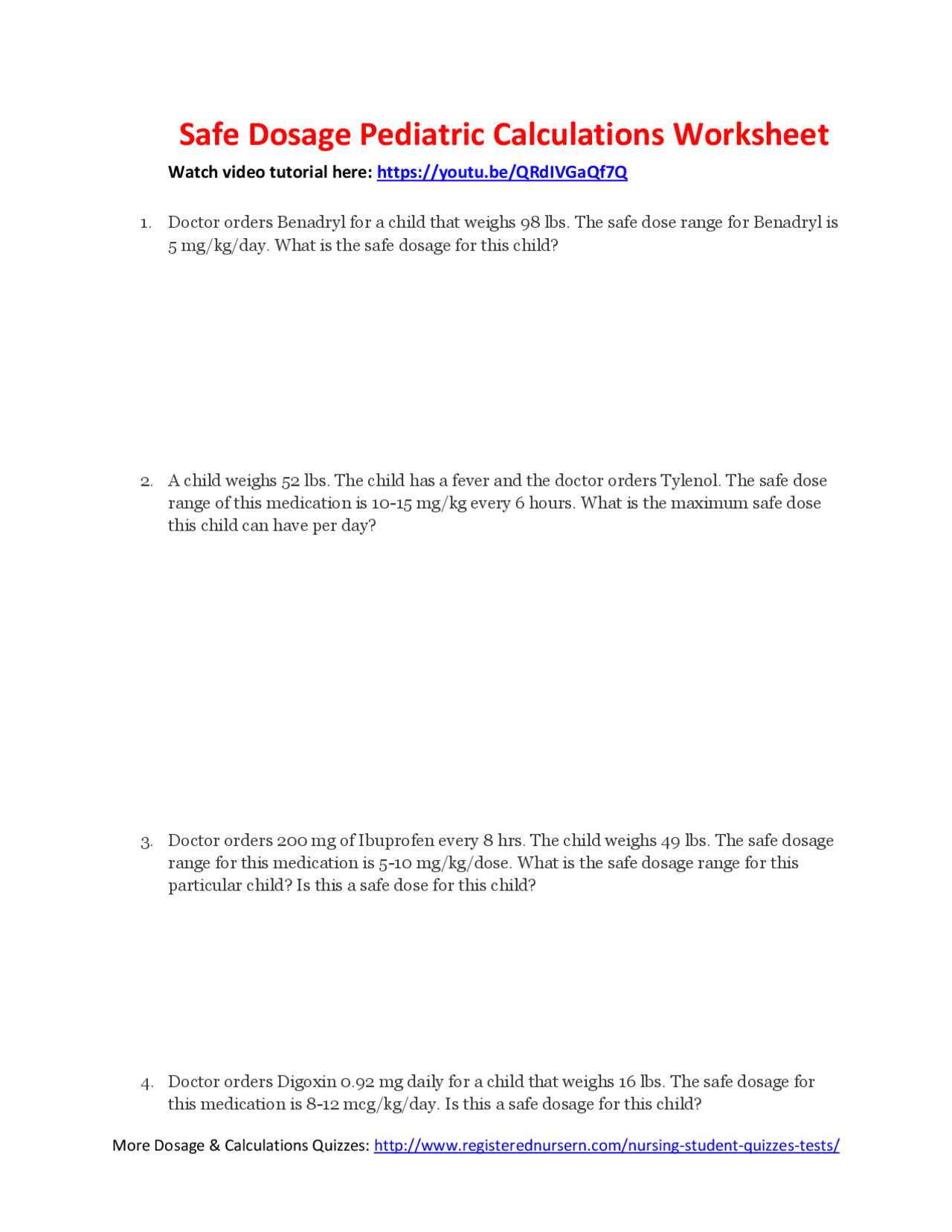 Safe Dosage Pediatric Calculations Worksheet | Schemes and Mind Maps Nursing | Docsity Safe Dosage Pediatric Calculations Worksheet | Schemes and Mind Maps Nursing | Docsity