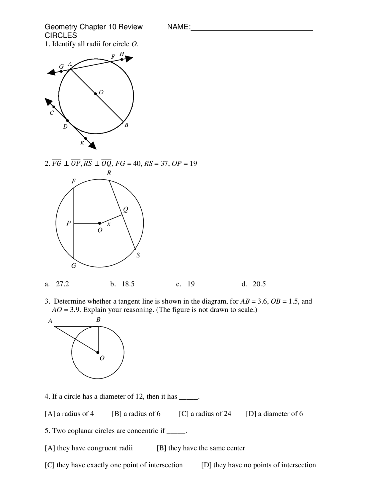 Geometry Chapter 10 Review NAME: CIRCLES 1. Identify all ... | Lecture ...