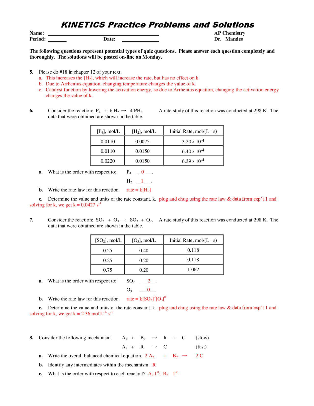 KINETICS Practice Problems and Solutions | Lecture notes Chemical ...