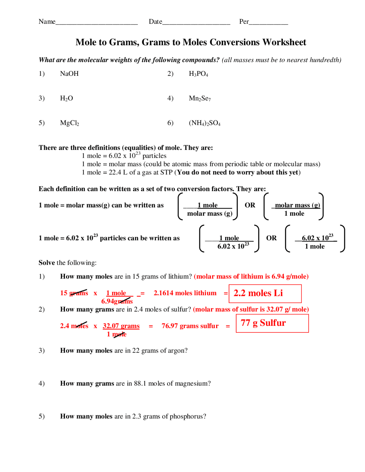Mole to Grams, Grams to Moles Conversions Worksheet | Study notes Chemistry  | Docsity