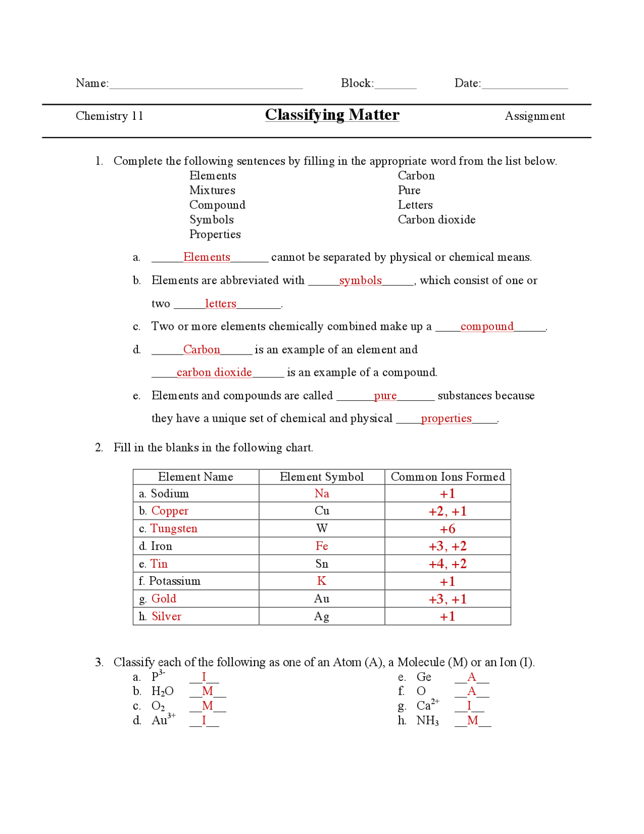Classifying Matter Worksheet Key | Slides Chemistry | Docsity