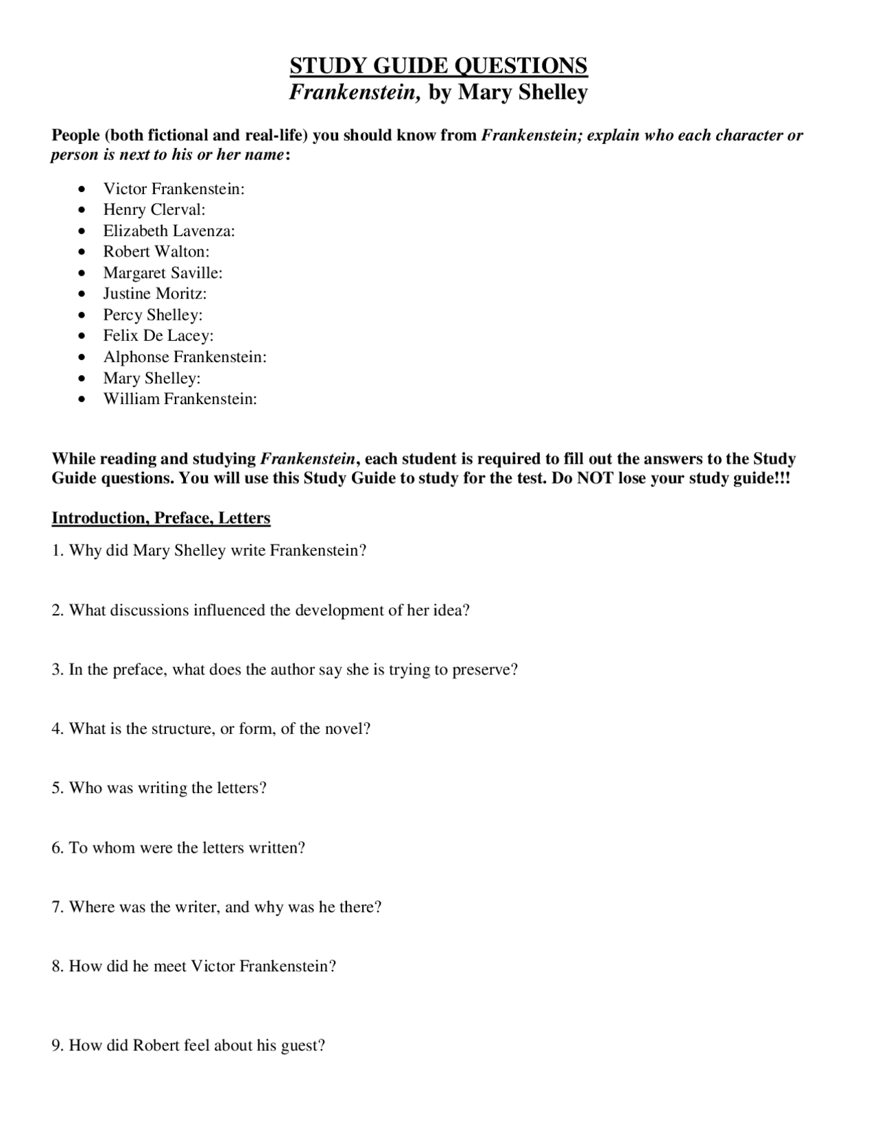 STUDY GUIDE QUESTIONS Frankenstein, by Mary Shelley Slides English