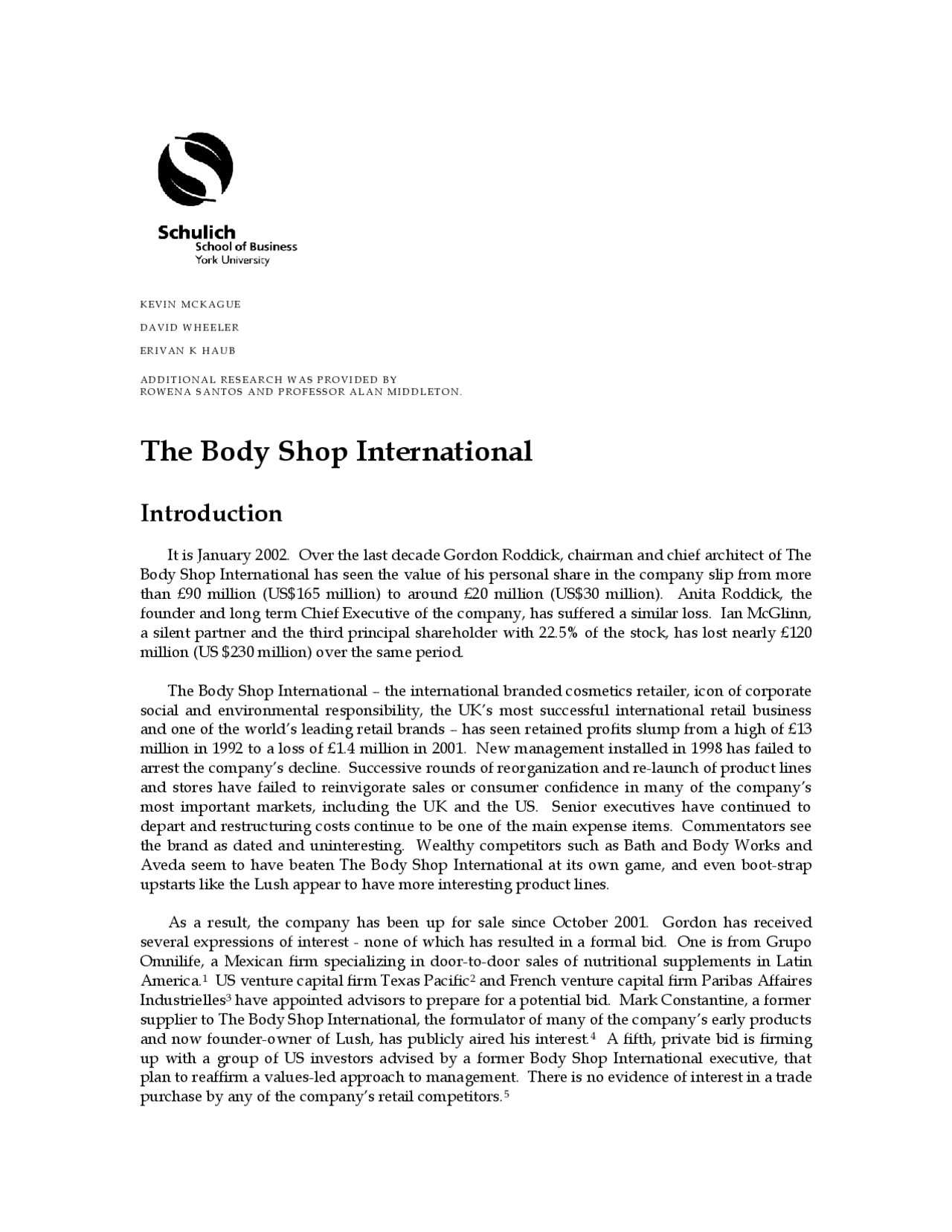 The Body Shop International - Introduction | Exercises Business | Docsity