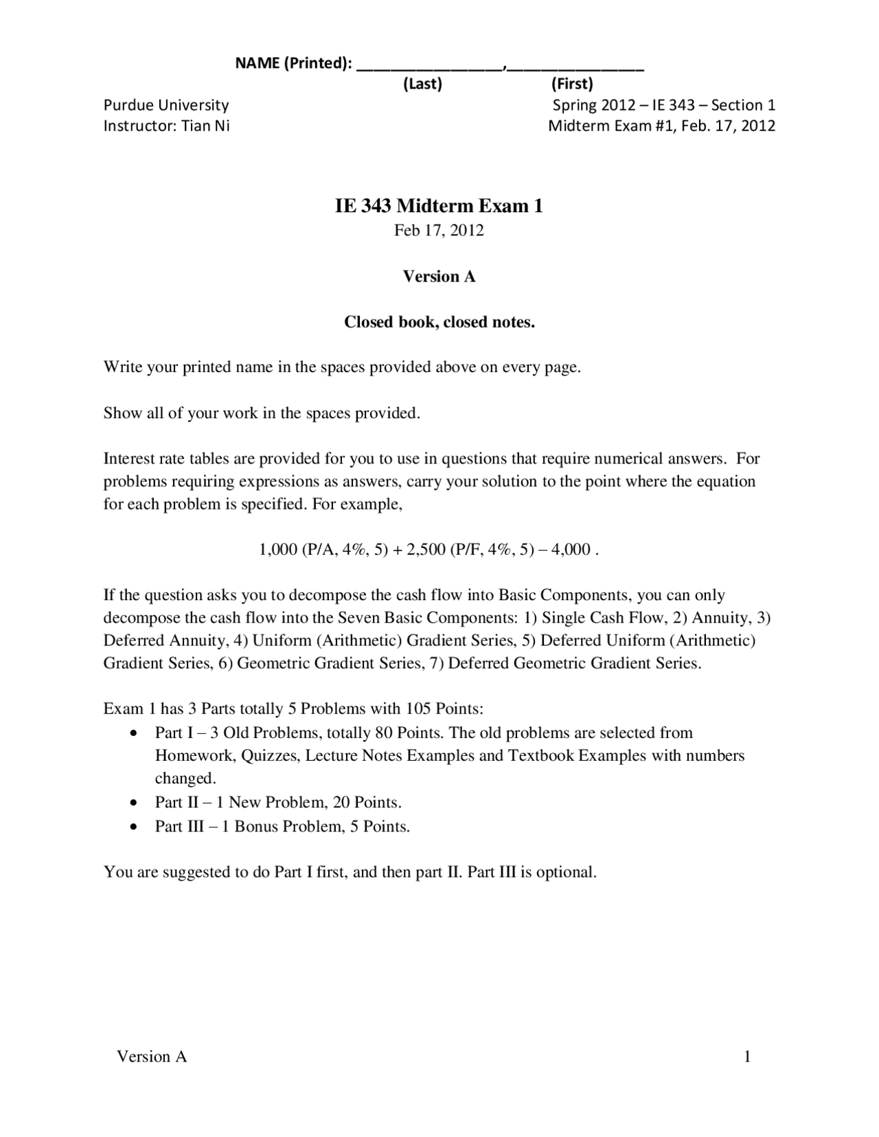 IE 343 Midterm Exam 1 | Study notes Control Systems | Docsity
