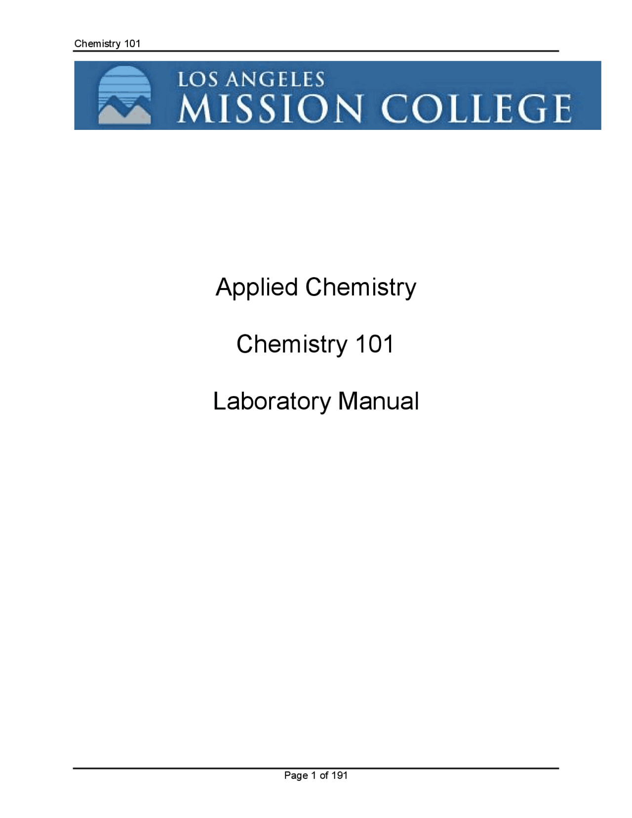 Applied Chemistry Chemistry 101 Laboratory Manual | Lecture notes Chemistry | Docsity