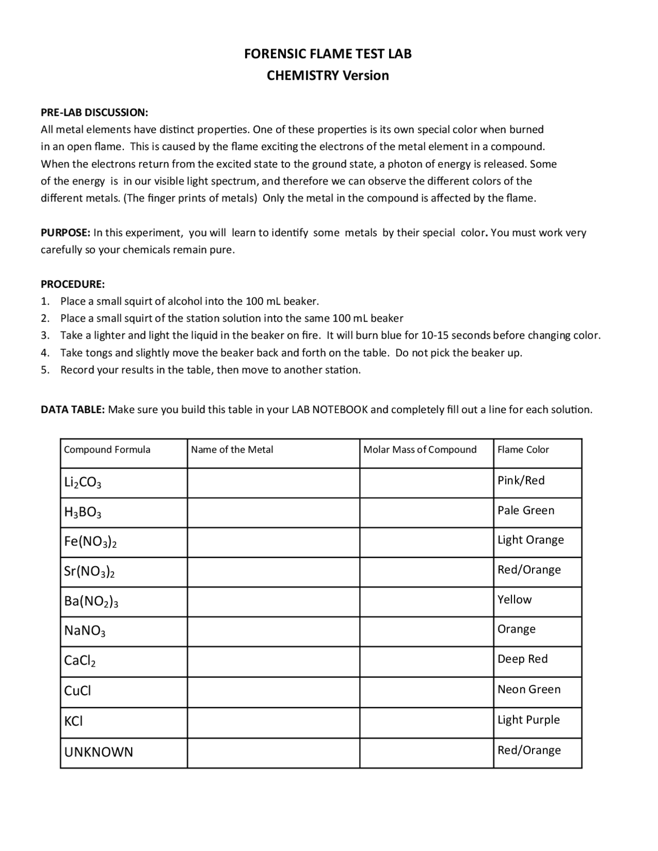 Flame Test Lab Answer Key