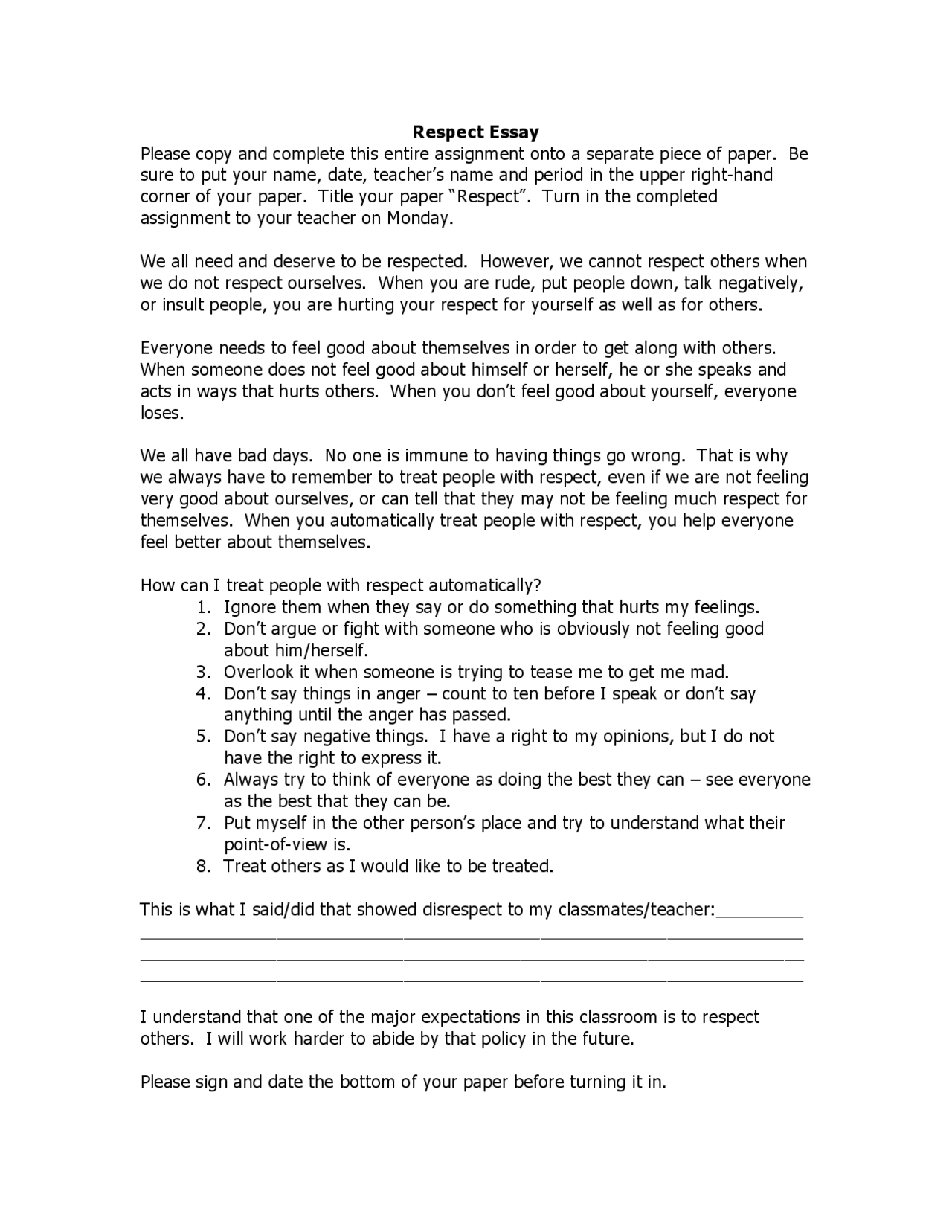 Respect Essay Please copy and complete this entire ... | Study notes ...