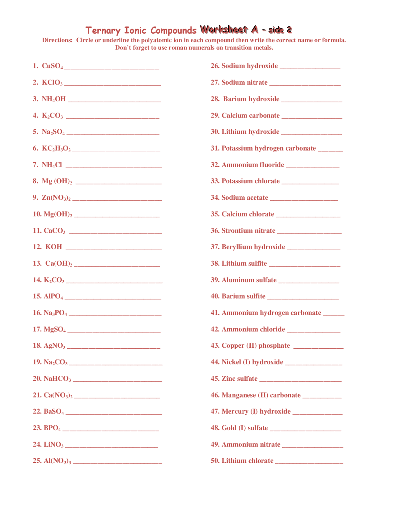 Worksheet A | Study notes Chemistry | Docsity