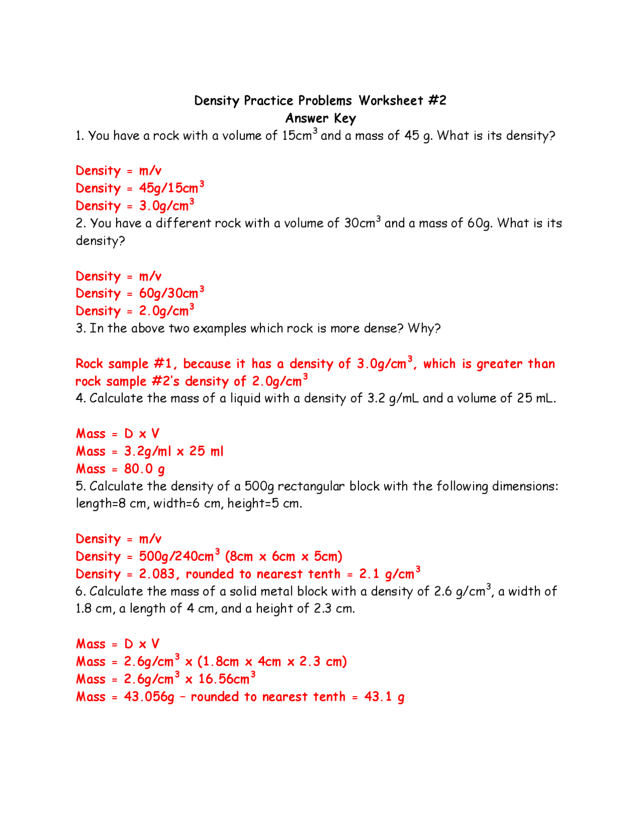 Density Practice Problems Worksheet #2 Answer Key | Study notes Chemistry |  Docsity