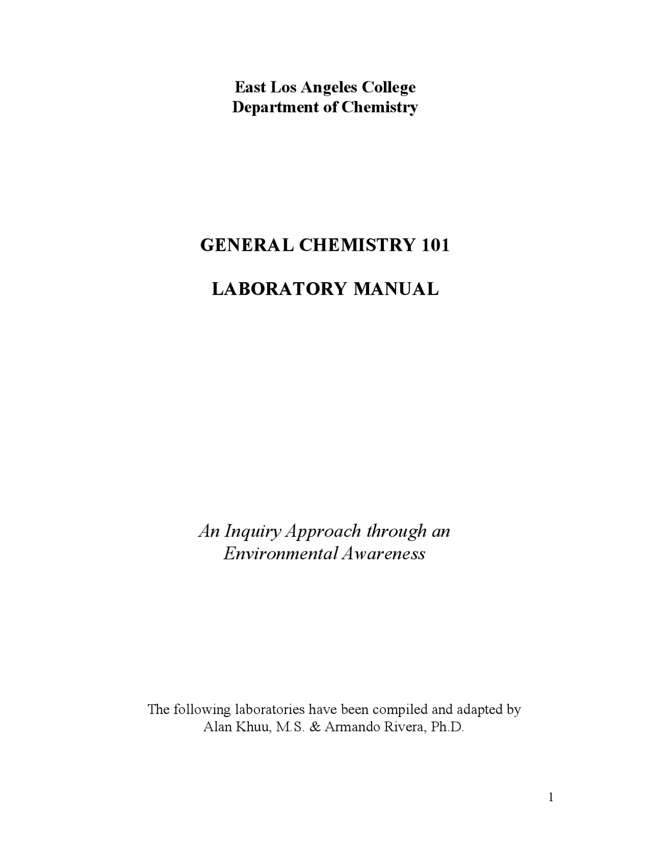 GENERAL CHEMISTRY 101 LABORATORY MANUAL Study notes Chemistry