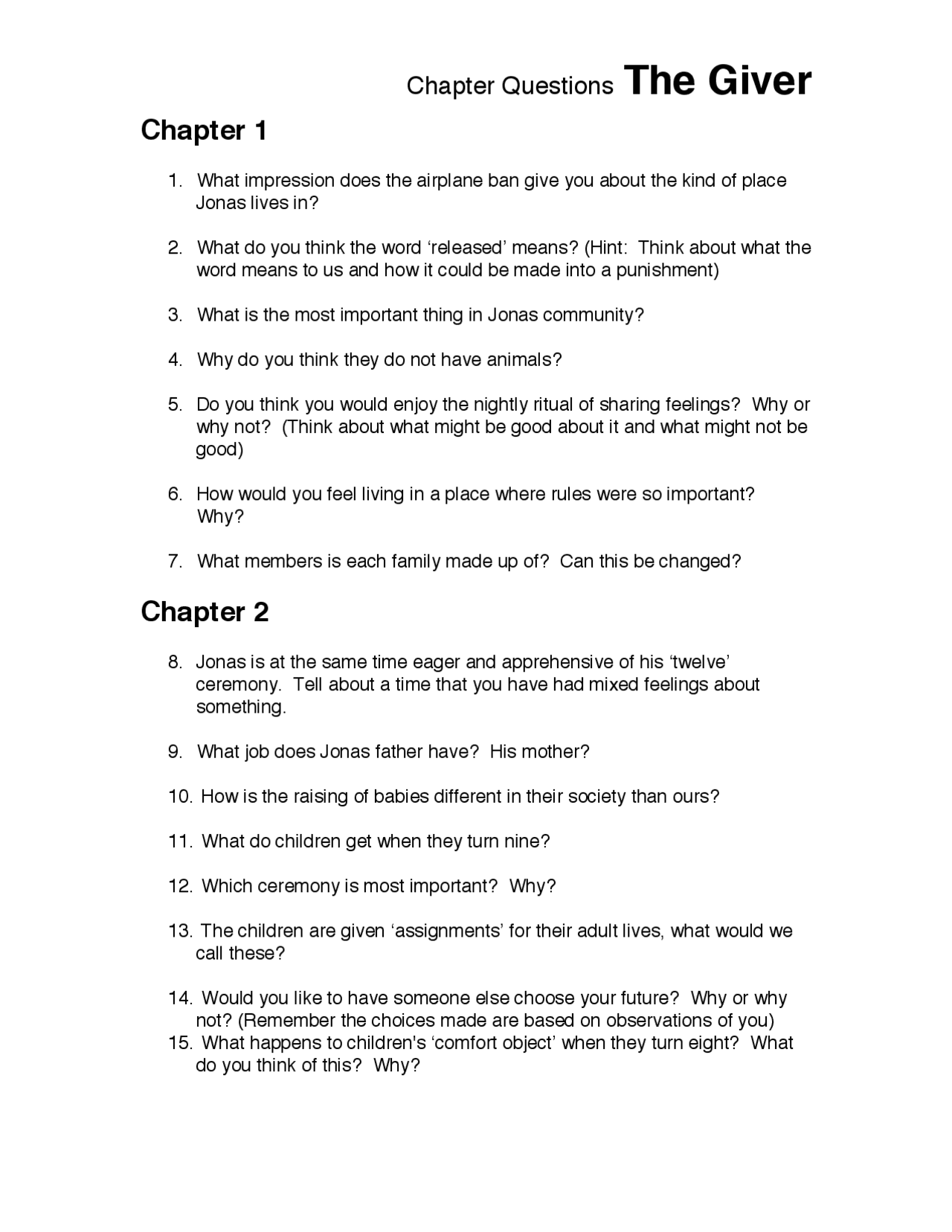 The Giver Chapter 15 Questions.pdf Study notes English Literature