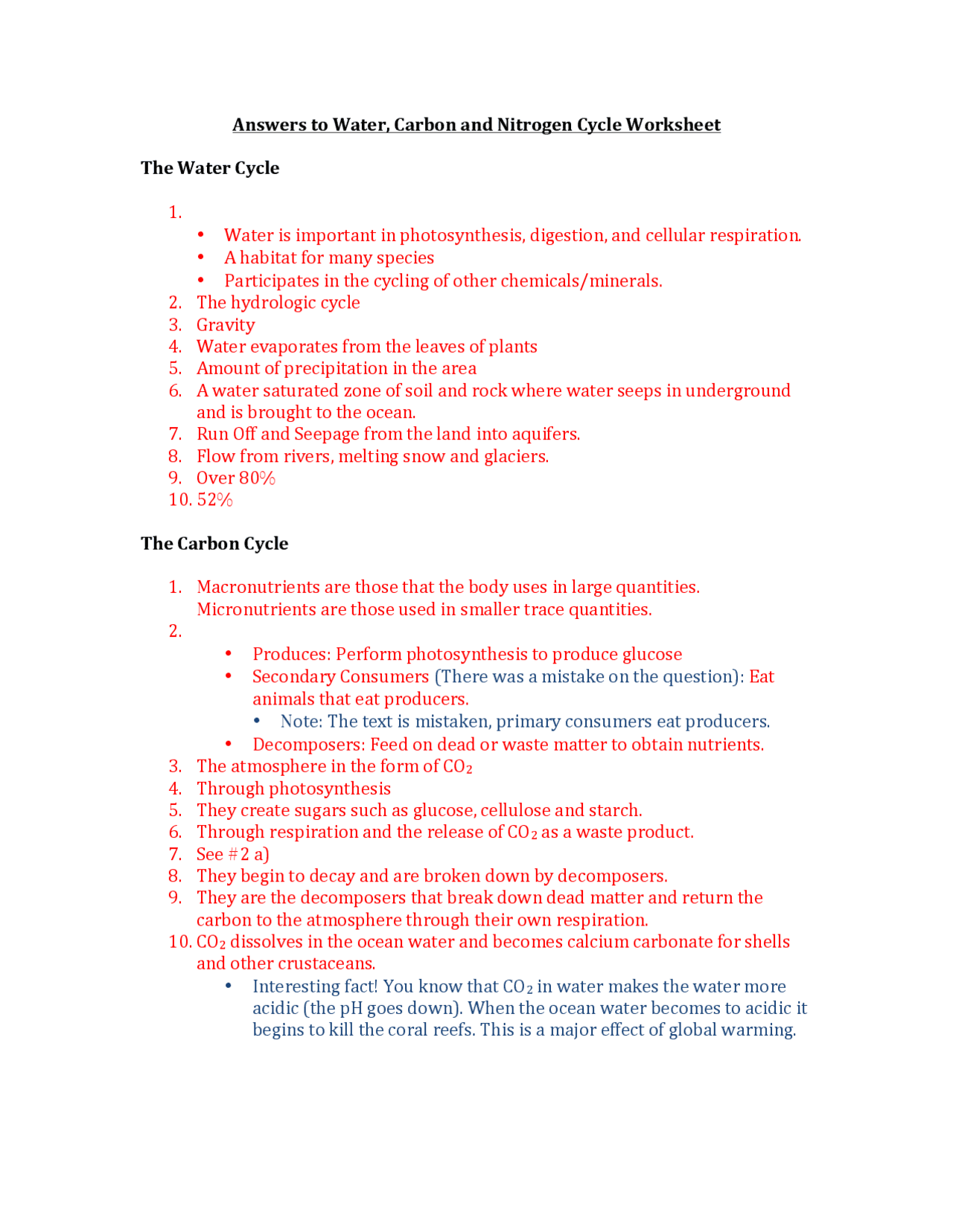 Answers to Water, Carbon and Nitrogen Cycle Worksheet The  | Lecture  notes Plant physiology | Docsity