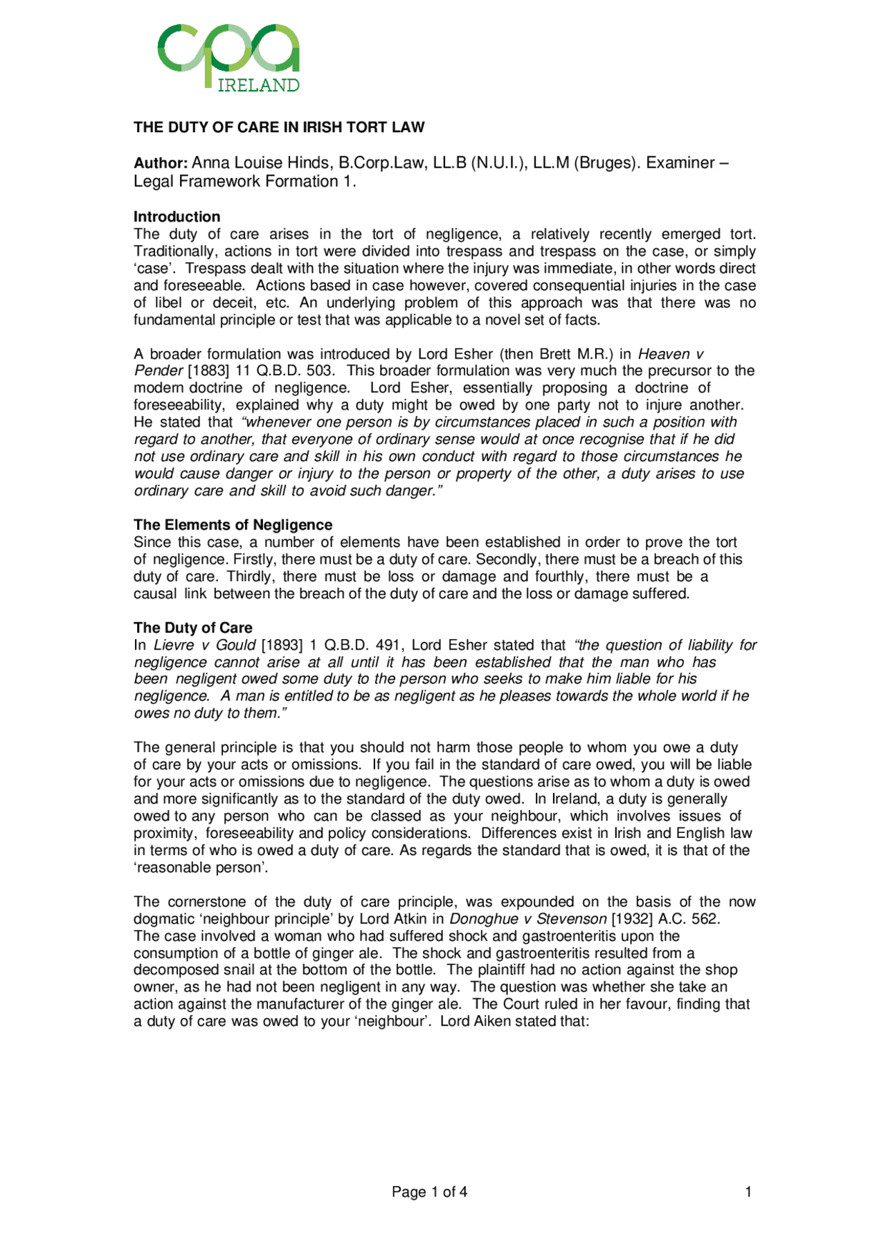 THE DUTY OF CARE IN IRISH TORT LAW Author Slides Law Docsity