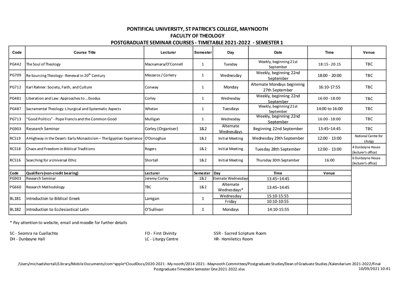 Final Postgraduate Timetable Semester One 2021-2022 | Lecture notes ...
