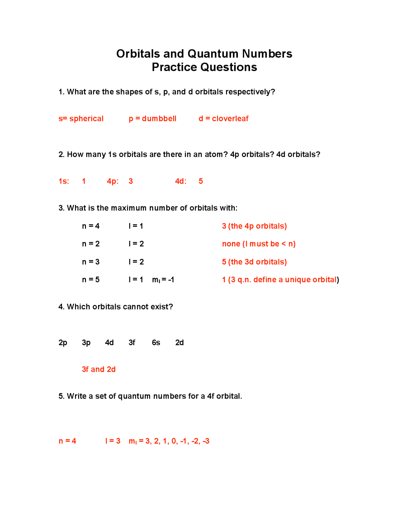 Orbitals and Quantum Numbers Practice Questions | Study notes Quantum